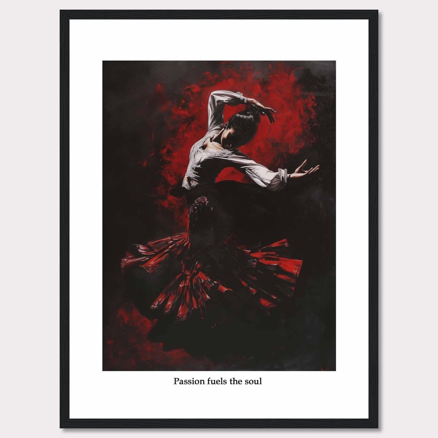 This captivating image depicts a flamenco dancer enveloped in a swirl of red and black, showcasing the intensity and passion of the dance. The dancer's expressive pose and flowing costume create a dynamic and powerful visual impact.