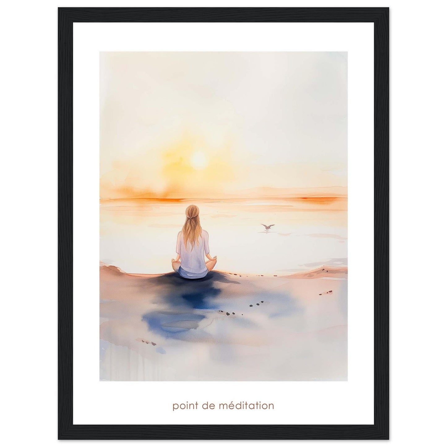 This serene artwork captures a tranquil moment of meditation by the sea at sunrise. A person sits cross-legged on the shore, facing the calming horizon as the sun rises, casting a warm glow over the water. A bird flies gracefully in the distance, adding to the peaceful ambiance. The soft colors and gentle brushstrokes evoke a sense of calm and introspection.