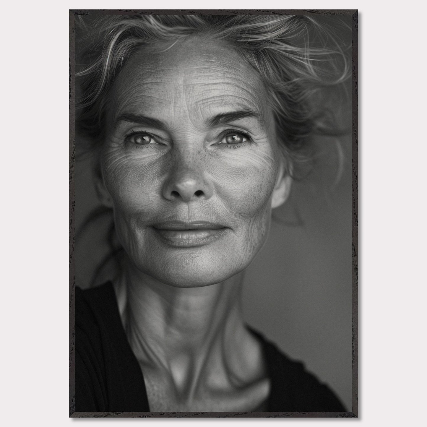 This black and white portrait captures the serene and wise expression of an older woman. Her face is detailed with natural lines and soft shadows, highlighting her graceful aging. The light gently illuminates her features, creating a sense of depth and character.