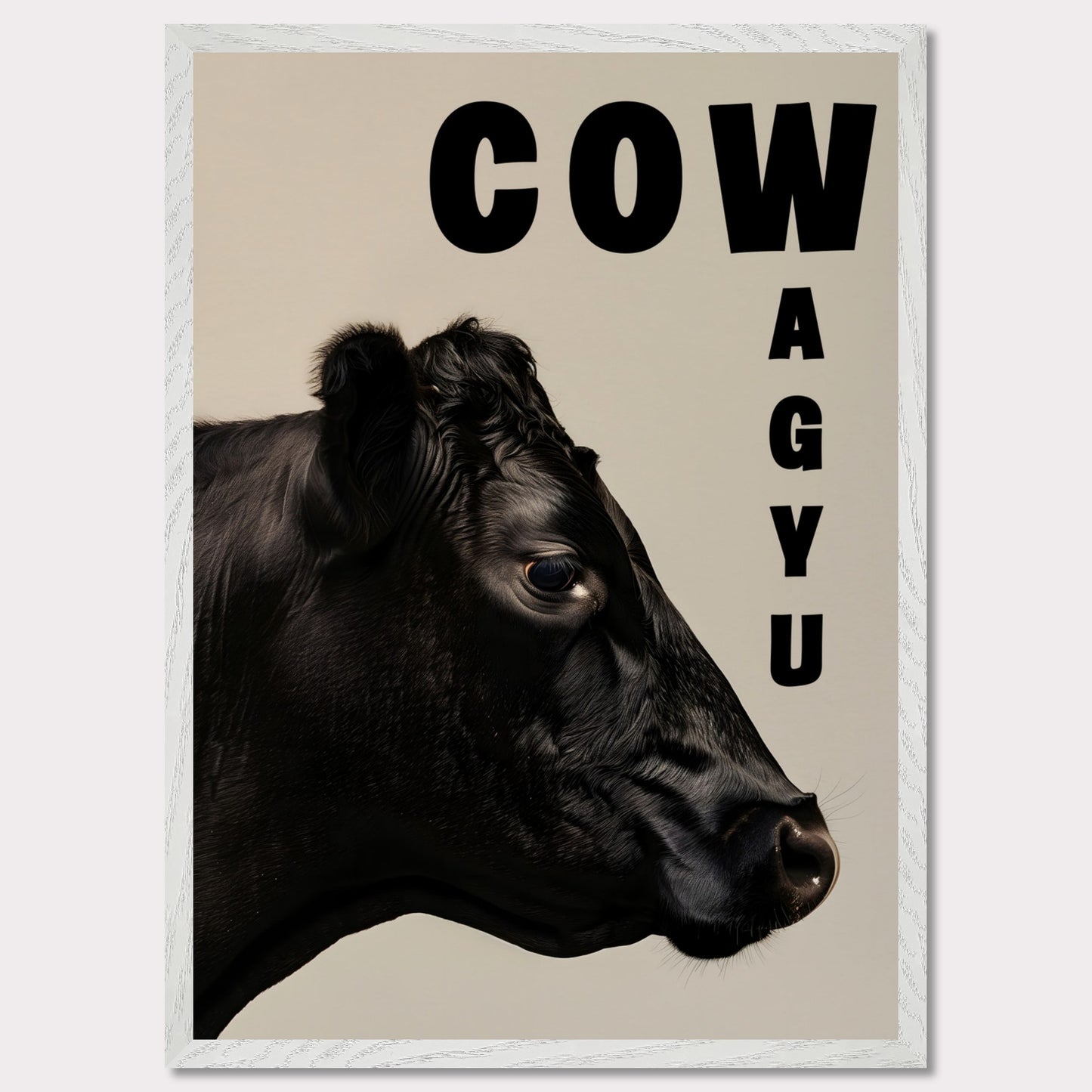 This image features a close-up profile of a black cow against a neutral background. The word "COW" is prominently displayed in bold black letters at the top, while the word "WAGYU" is arranged vertically on the right side.