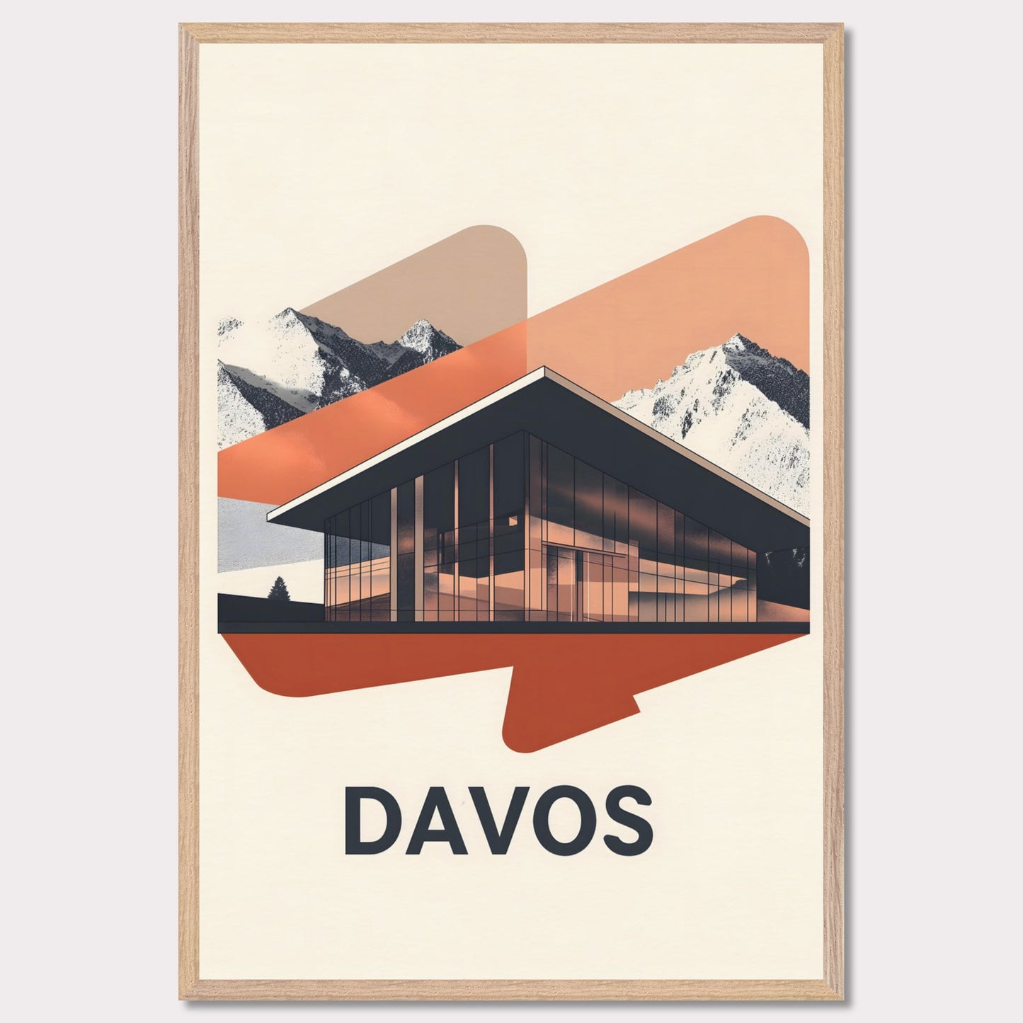 A sleek, modern representation of Davos, featuring a glass-fronted building set against towering alpine mountains. The minimalist color palette and subtle lighting effects give the scene a futuristic yet inviting feel.