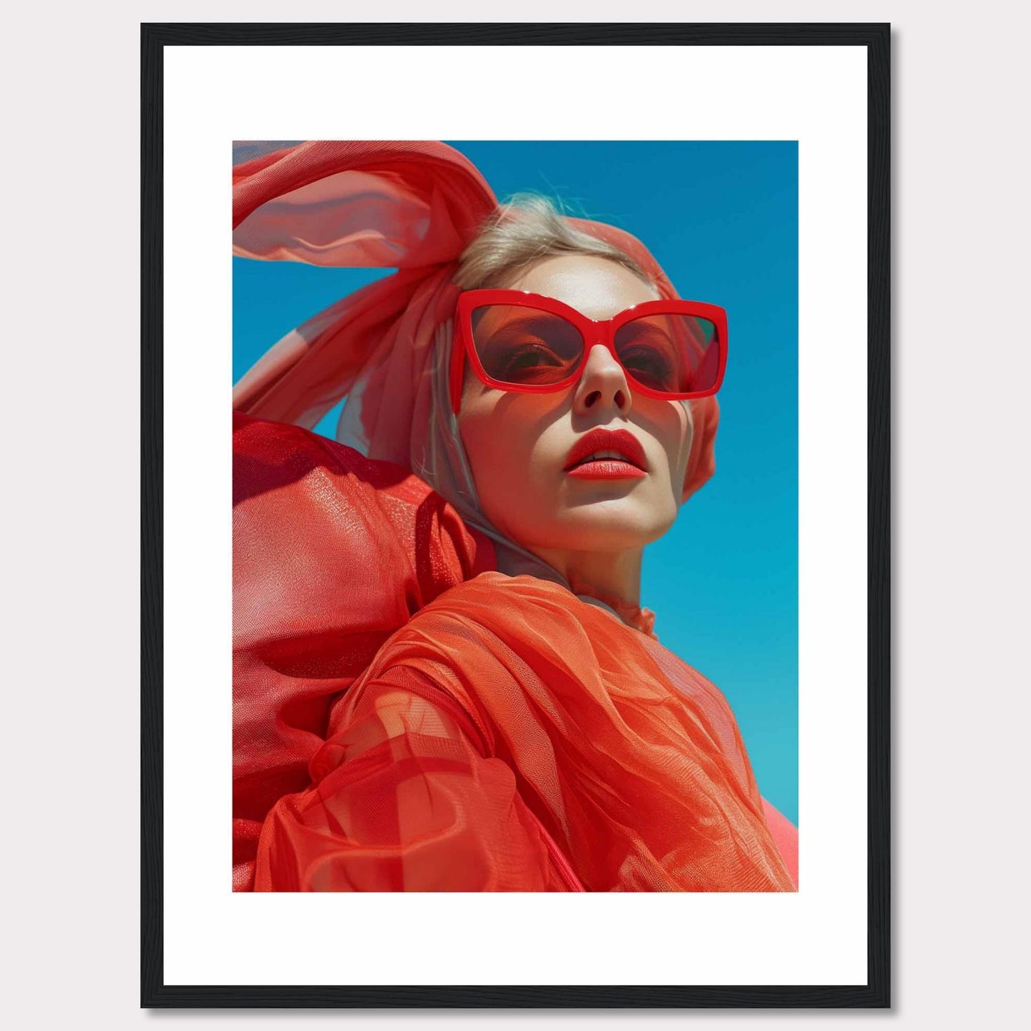 This striking photo features a confident woman wearing bold red sunglasses and a matching headscarf against a vibrant blue sky. The image is framed in a sleek black border, enhancing its modern aesthetic.