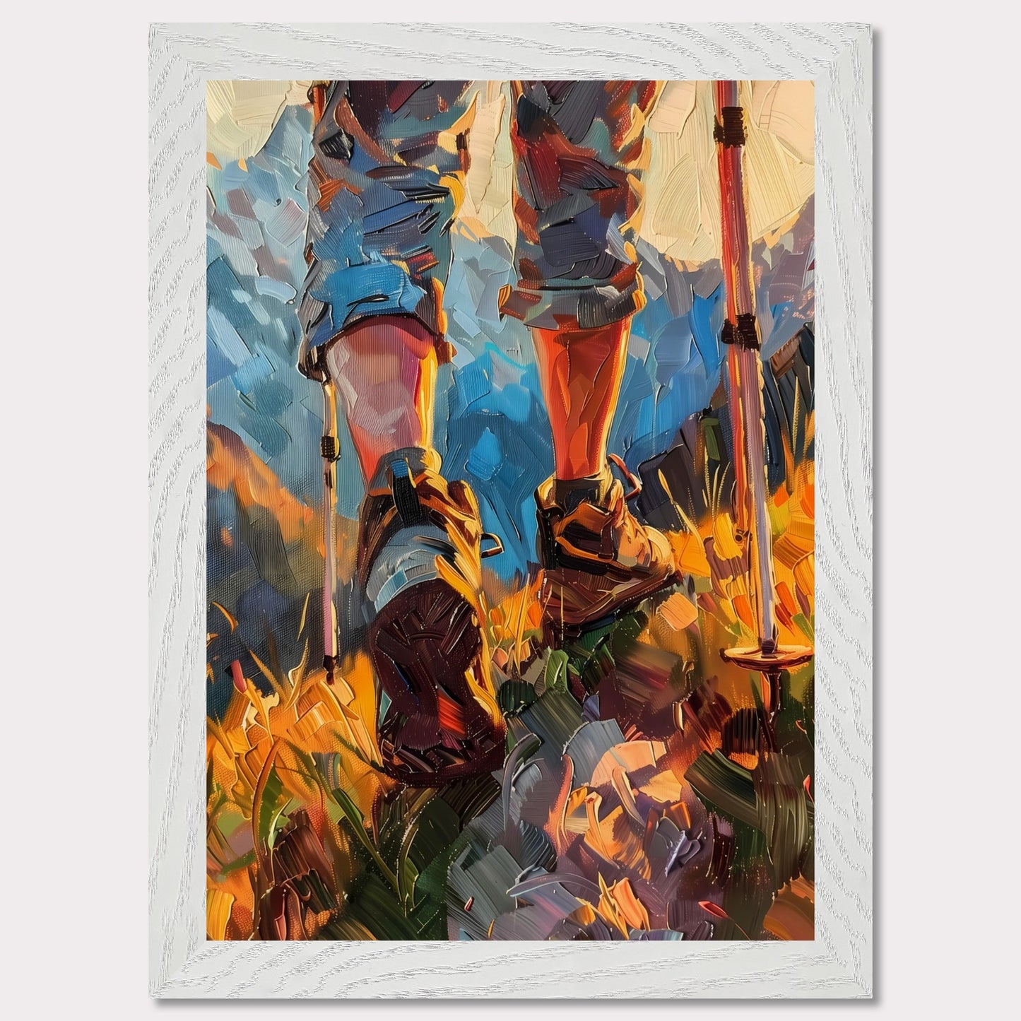 This illustration depicts a hiker's legs and feet as they traverse a vibrant, mountainous landscape. The scene is painted with bold, expressive brushstrokes, emphasizing the dynamic movement and rugged terrain.