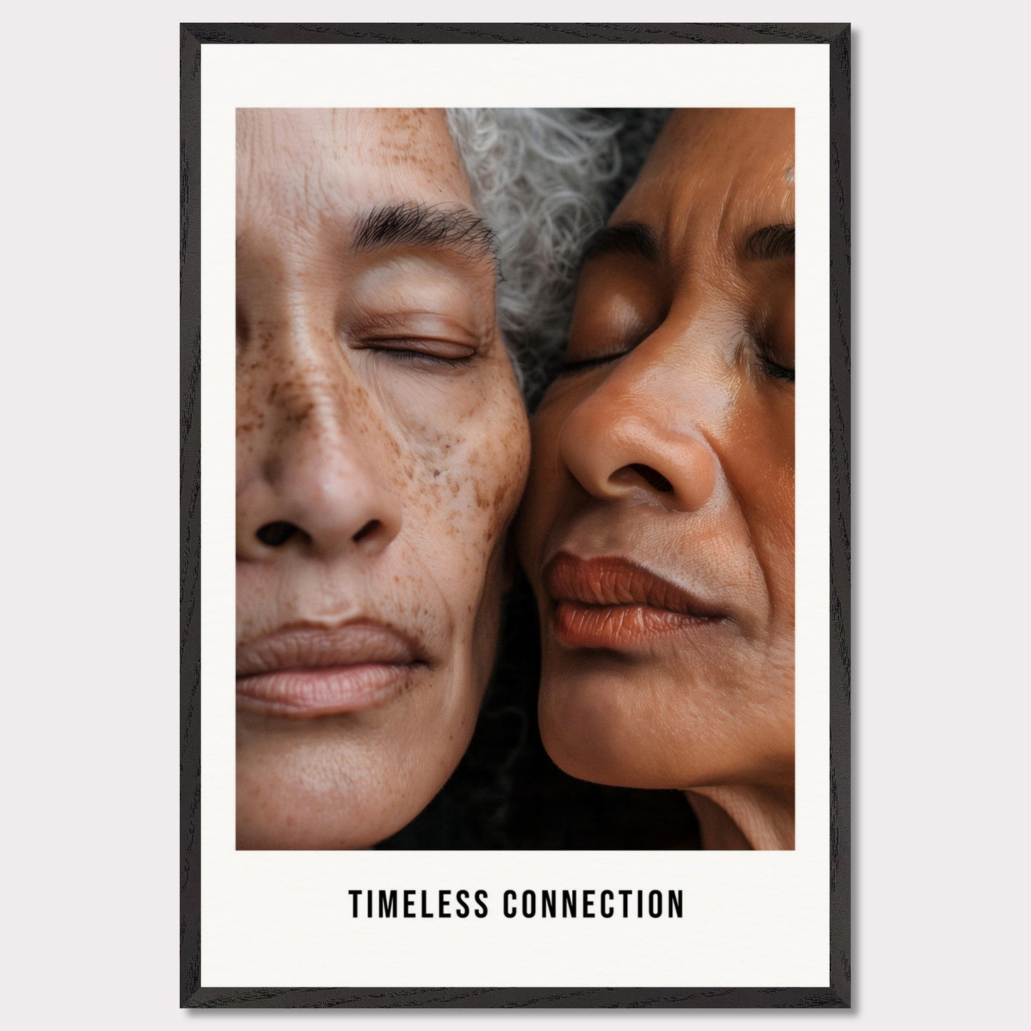 This illustration shows a close-up view of two elderly individuals with their eyes closed, conveying a sense of peace and connection. The text "TIMELESS CONNECTION" is displayed at the bottom.

This poster would fit well in a living room, bedroom, or any space meant for relaxation and reflection.