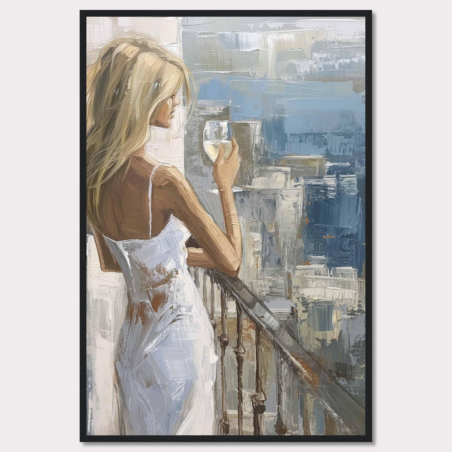 This painting depicts a serene moment where a woman, dressed in a white dress, stands on a balcony holding a glass of wine. The background features an impressionistic cityscape with various shades of blue and gray.