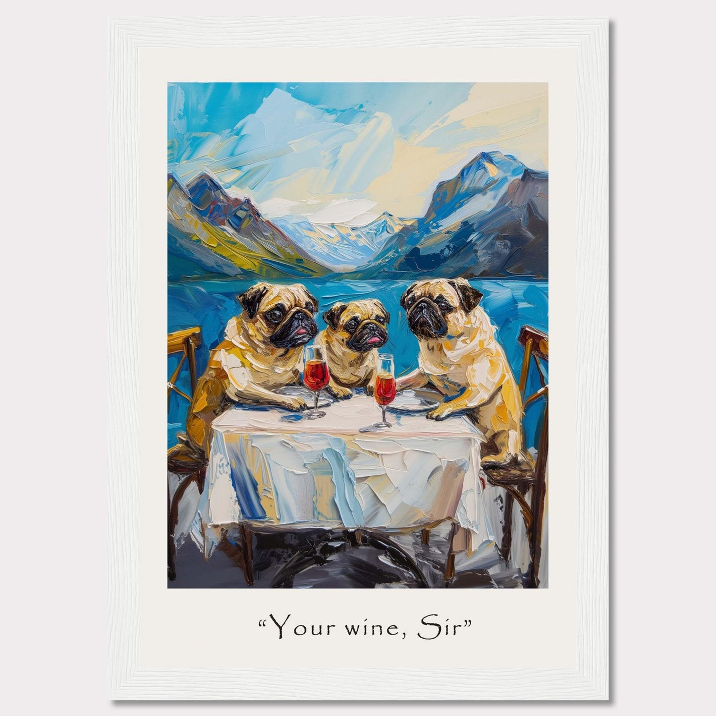 This whimsical painting depicts three pugs sitting at a table, each with a glass of red wine in front of them. The background showcases a stunning mountain landscape with a serene lake. The artwork is framed and includes the caption "Your wine, Sir" at the bottom.