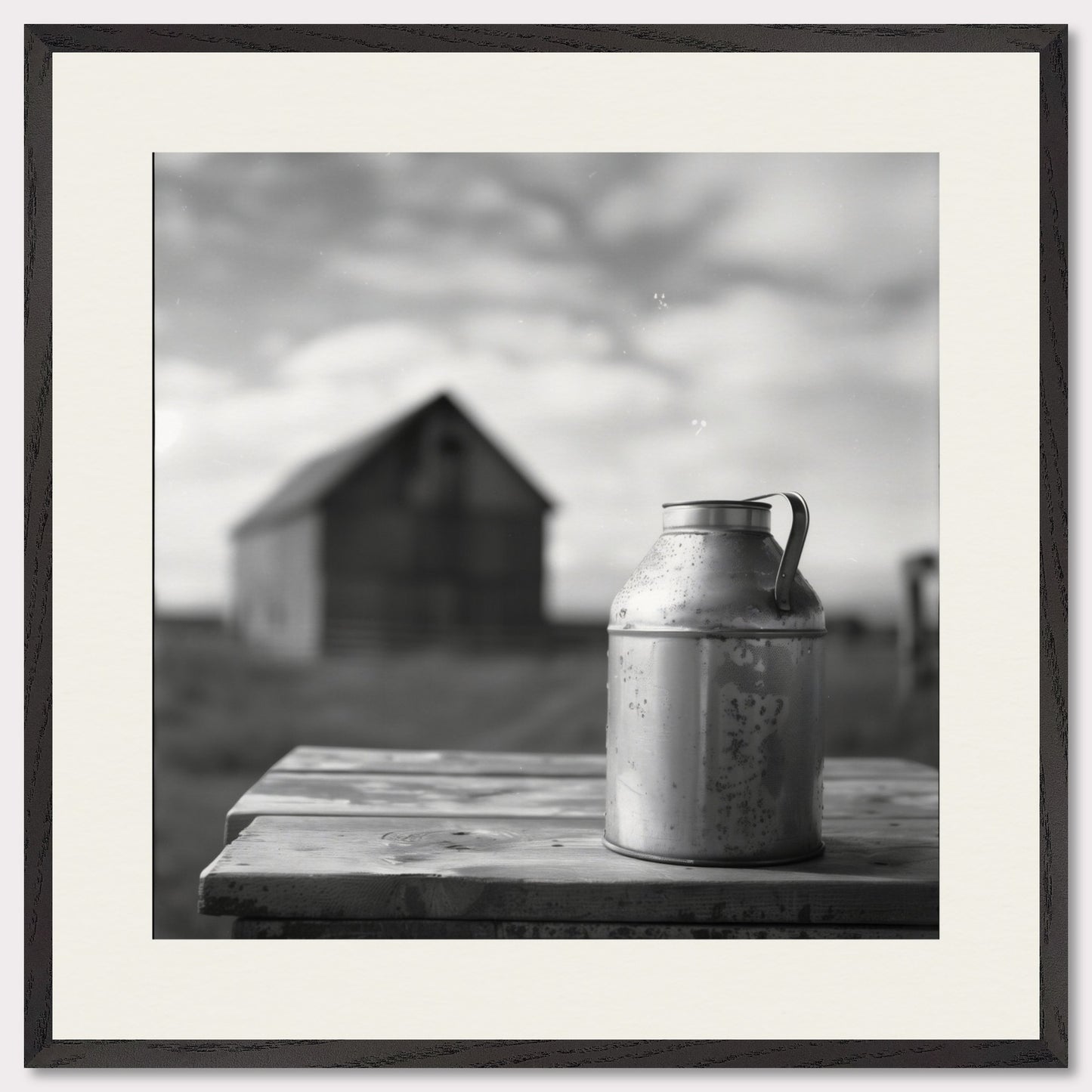 This is a black and white illustration showing a rustic scene. The focus is on an old metal milk can placed on a wooden table, with a blurred barn in the background under a cloudy sky.