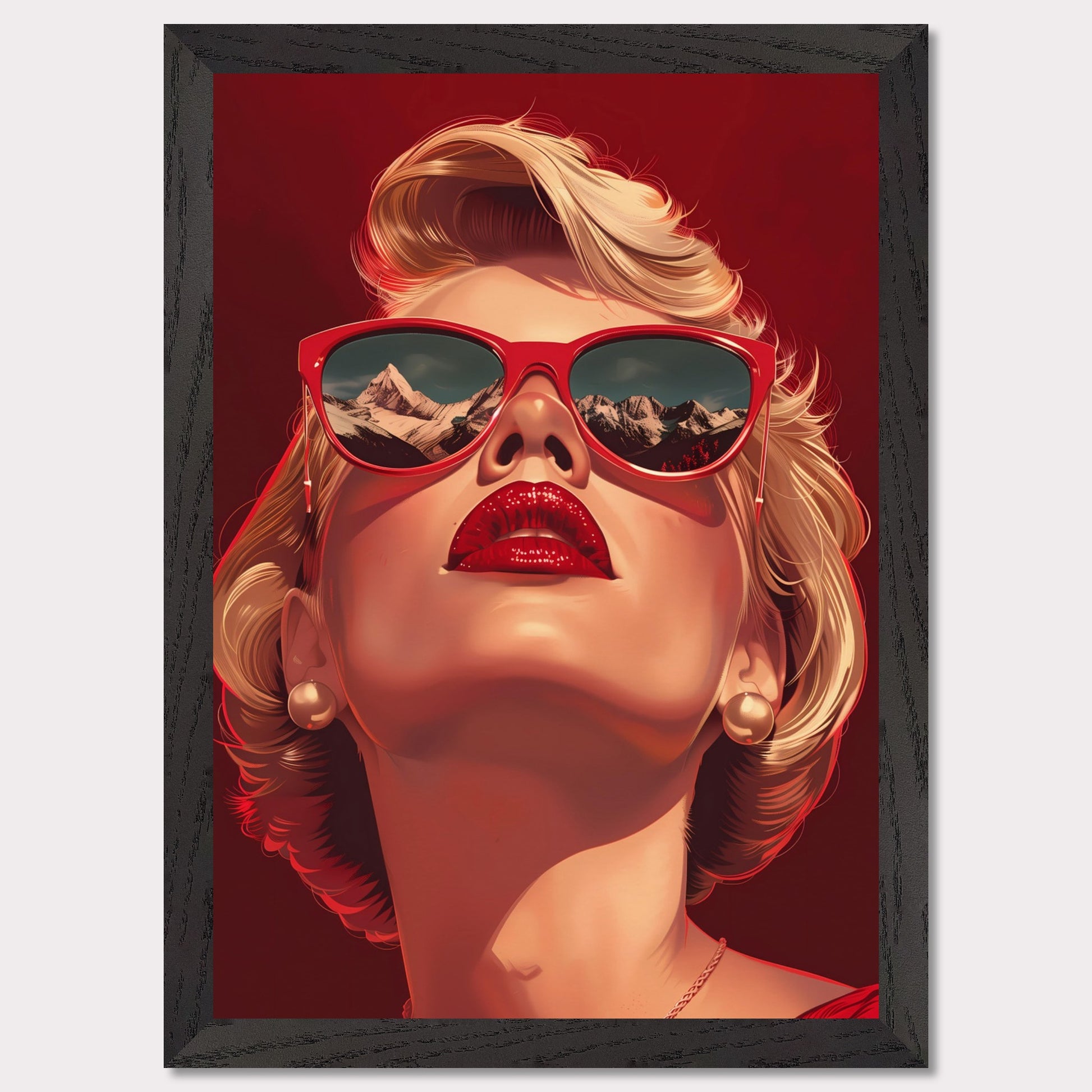 This striking artwork features a glamorous woman with blonde hair, wearing bold red sunglasses that reflect a stunning mountain landscape. Her vibrant red lips and pearl earrings add to the sophisticated and stylish aura of the piece.