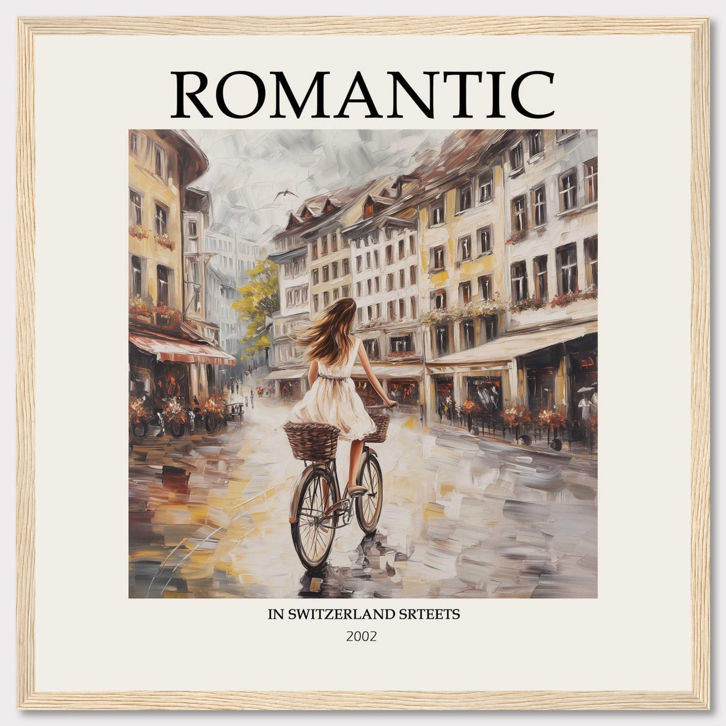 This image features a romantic scene of a woman riding a bicycle through charming streets in Switzerland. The artwork is framed with the word "ROMANTIC" at the top and "IN SWITZERLAND STREETS 2002" at the bottom.