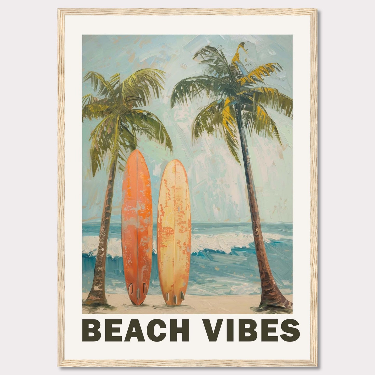 This vibrant artwork captures the essence of a perfect beach day. Two surfboards rest against tall palm trees, with waves crashing in the background and a clear sky above.