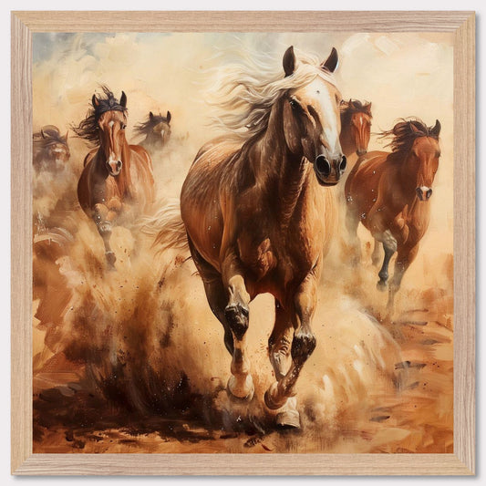 This captivating painting showcases a herd of wild horses galloping through a dusty landscape. The dynamic movement and powerful energy of the horses are vividly captured, evoking a sense of freedom and untamed spirit.