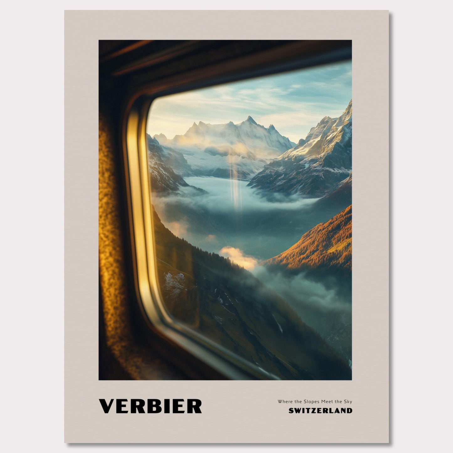 This poster showcases a mesmerizing view of the high-altitude slopes of Verbier, where mountain peaks seem to touch the sky. Thick mist covers the valleys below, creating a sense of mystery, while beams of sunlight break through the clouds, adding warmth and harmony to the scene.