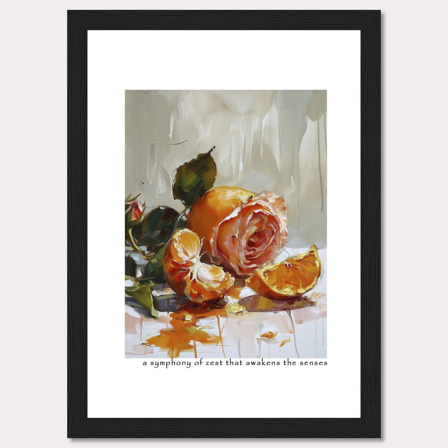 This captivating painting features a delicate rose intertwined with vibrant orange segments, creating a stunning contrast of colors and textures. The brushstrokes evoke a sense of freshness and vitality, making it a perfect piece to invigorate any space.