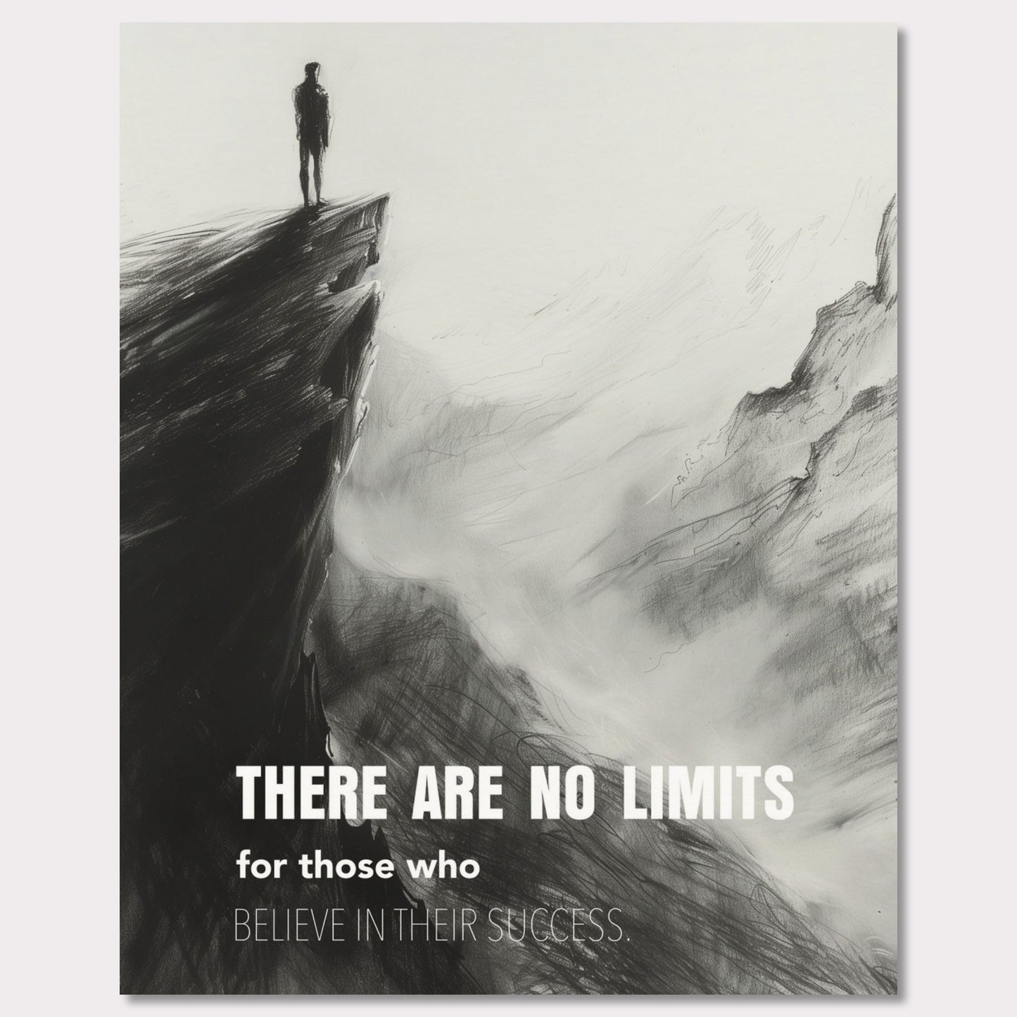 This image depicts a person standing at the edge of a cliff, looking out over a vast, foggy landscape. The scene is rendered in black and white, giving it a dramatic and contemplative feel. The text on the image reads: "There are no limits for those who believe in their success."