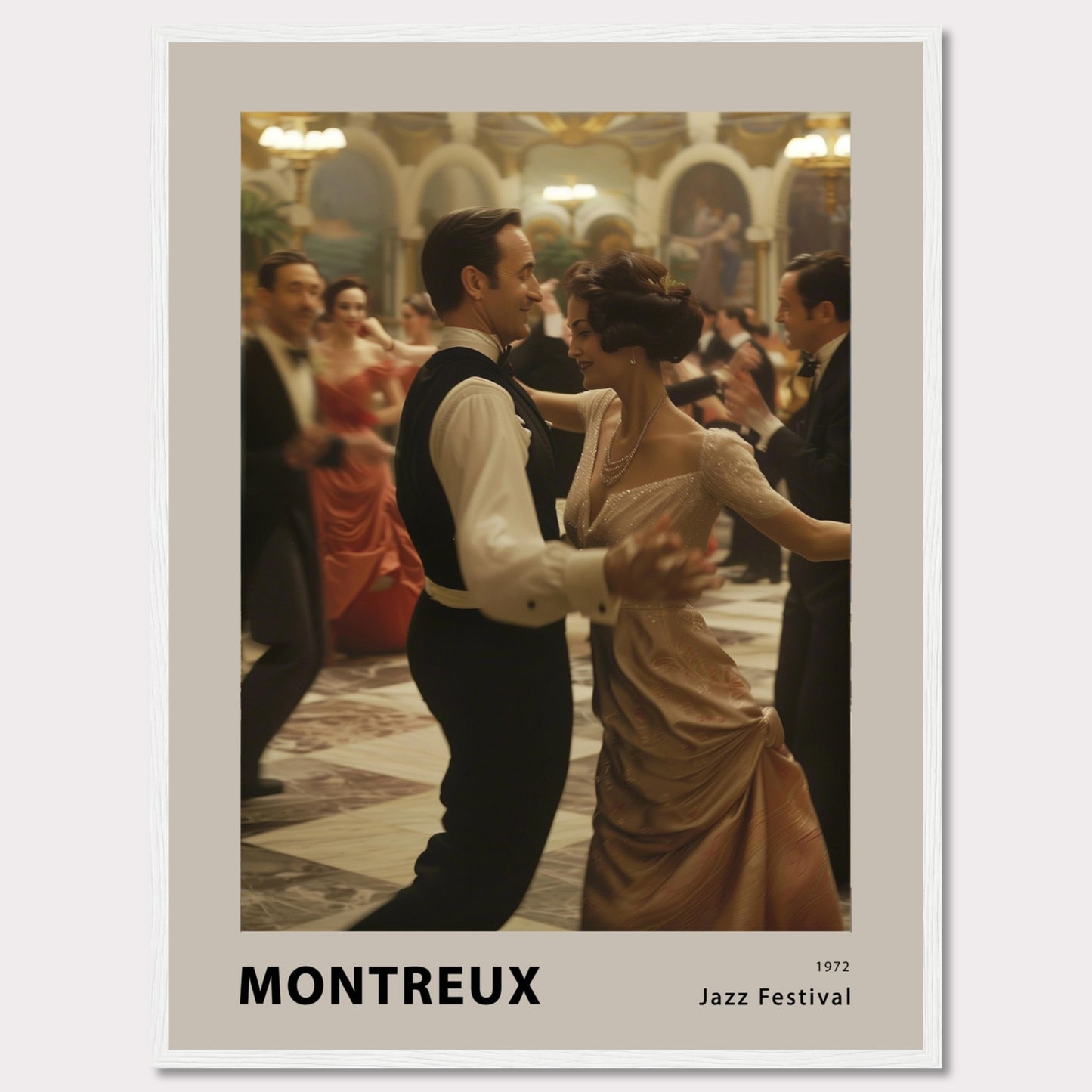 This elegant poster captures a moment of grace and sophistication at the Montreux Jazz Festival in 1972. A couple is seen dancing in a grand ballroom, surrounded by other elegantly dressed attendees. The atmosphere is vibrant and full of life, evoking the charm and allure of a bygone era.