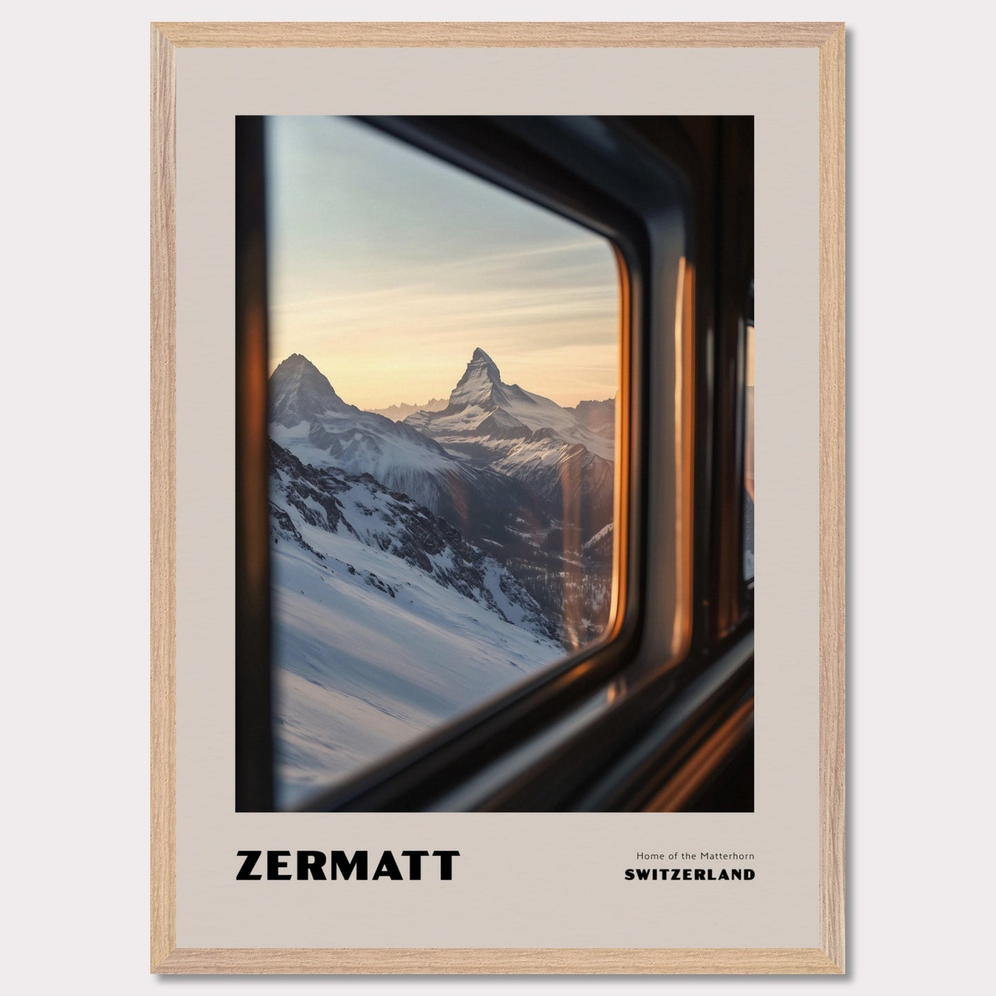 This poster features one of Switzerland’s most iconic symbols – the Matterhorn, proudly rising above the snowy slopes. The view from a train or gondola window creates a travel-like experience, while the soft sunset light adds an enchanting glow to the scenery.