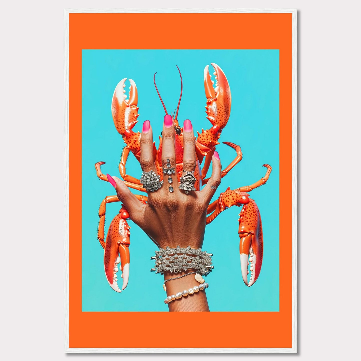 This vibrant and quirky artwork features a hand adorned with luxurious rings and bracelets, holding a bright orange lobster against a vivid blue background. The contrast between the bold colors and the intricate jewelry creates a striking visual impact.