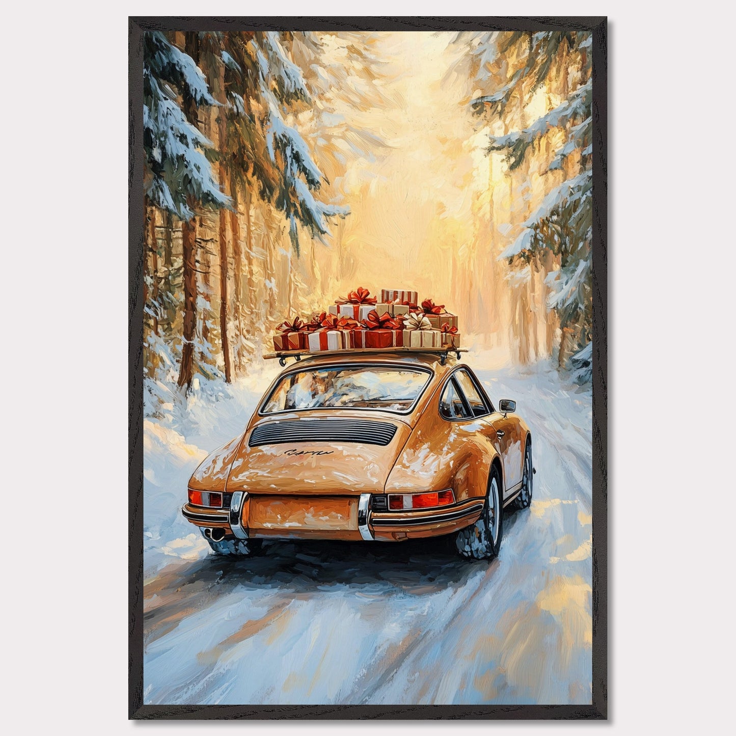 This festive poster showcases a yellow Porsche navigating a snow-covered path with holiday presents stacked on its roof. The warm glow from the trees lining the road creates a magical winter scene, while the "Merry Christmas" typography evokes the warmth and joy of the holiday season. The combination of sleek design and a peaceful winter landscape makes this a perfect holiday greeting.