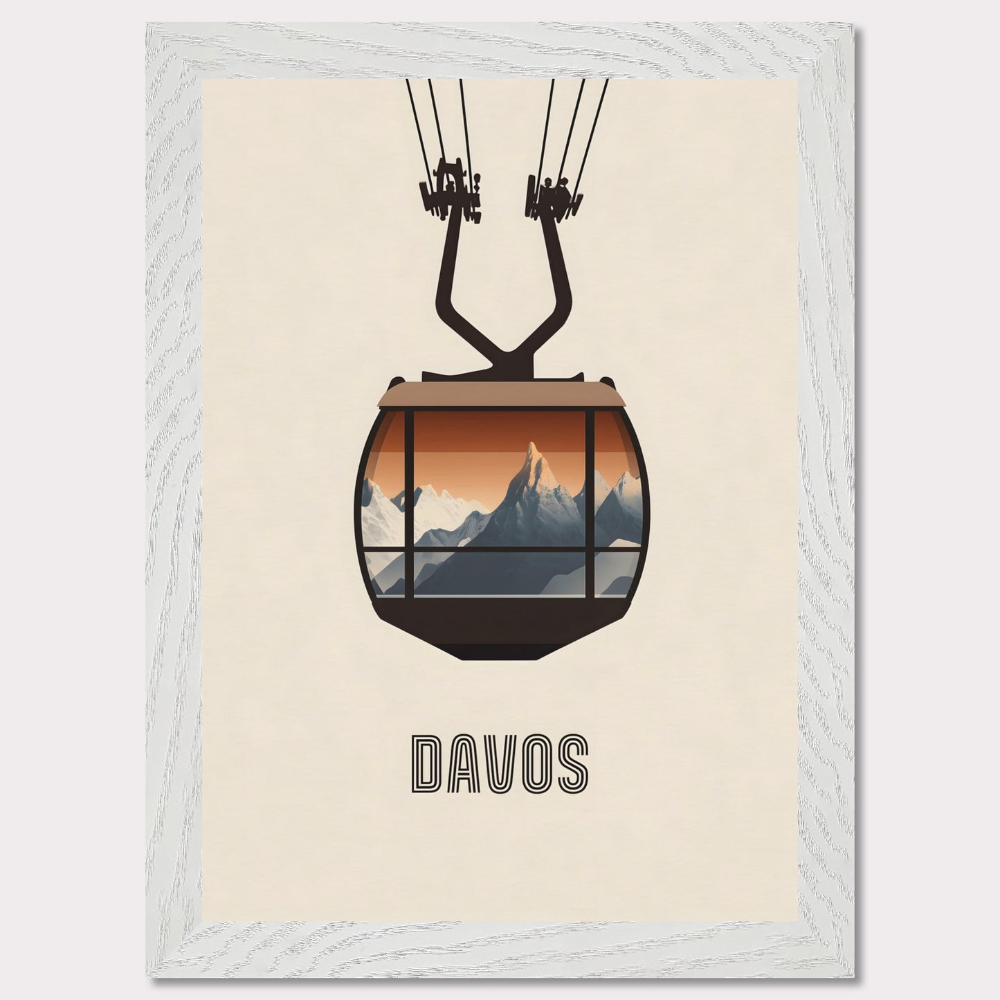 A striking minimalist poster featuring a cable car with a breathtaking view of the Swiss Alps. The warm tones contrast with the cool mountain peaks, evoking the excitement of alpine adventures.
