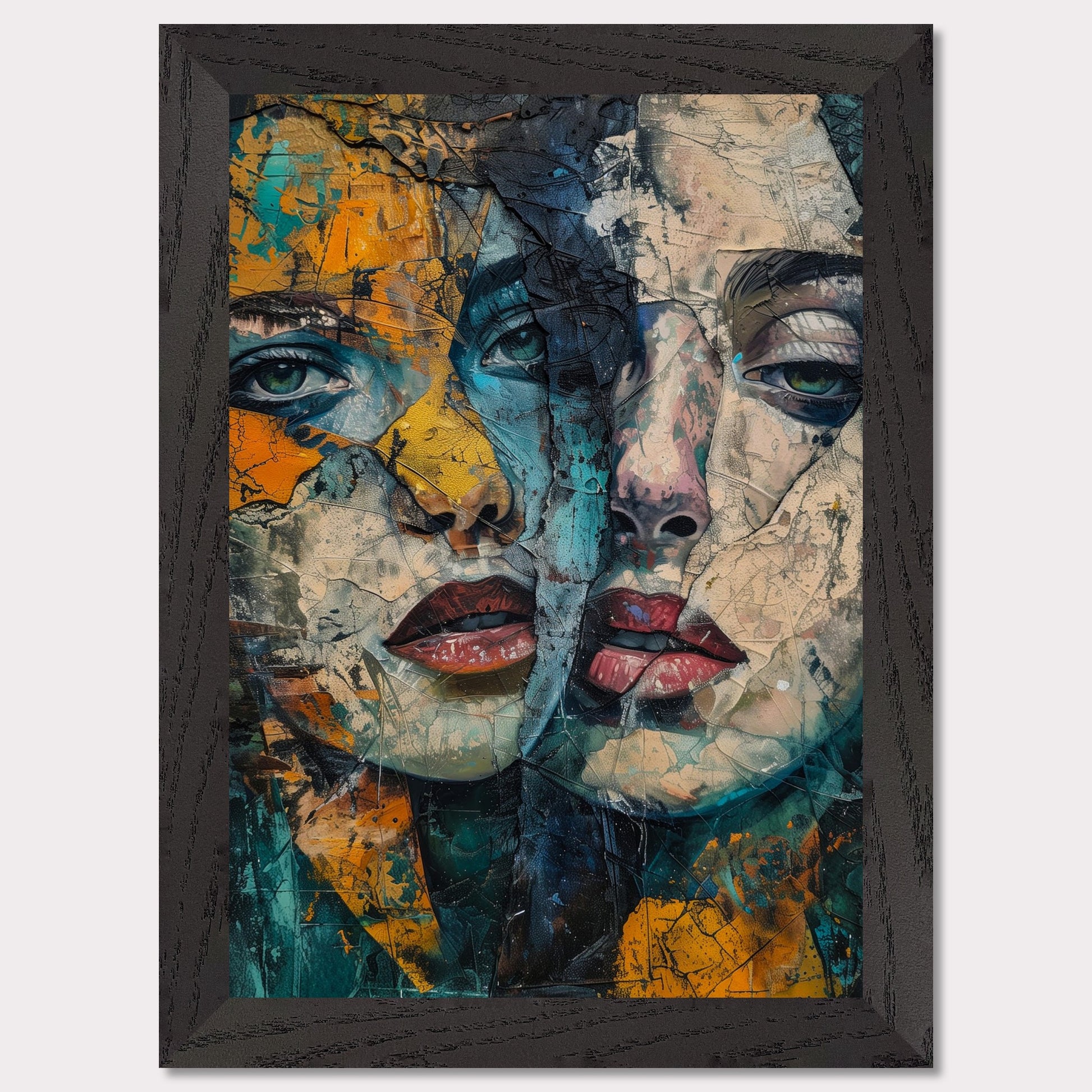 This captivating artwork features two intertwined, abstract faces with a rich blend of colors and textures. The painting exudes a sense of mystery and depth, drawing the viewer into its intricate details.