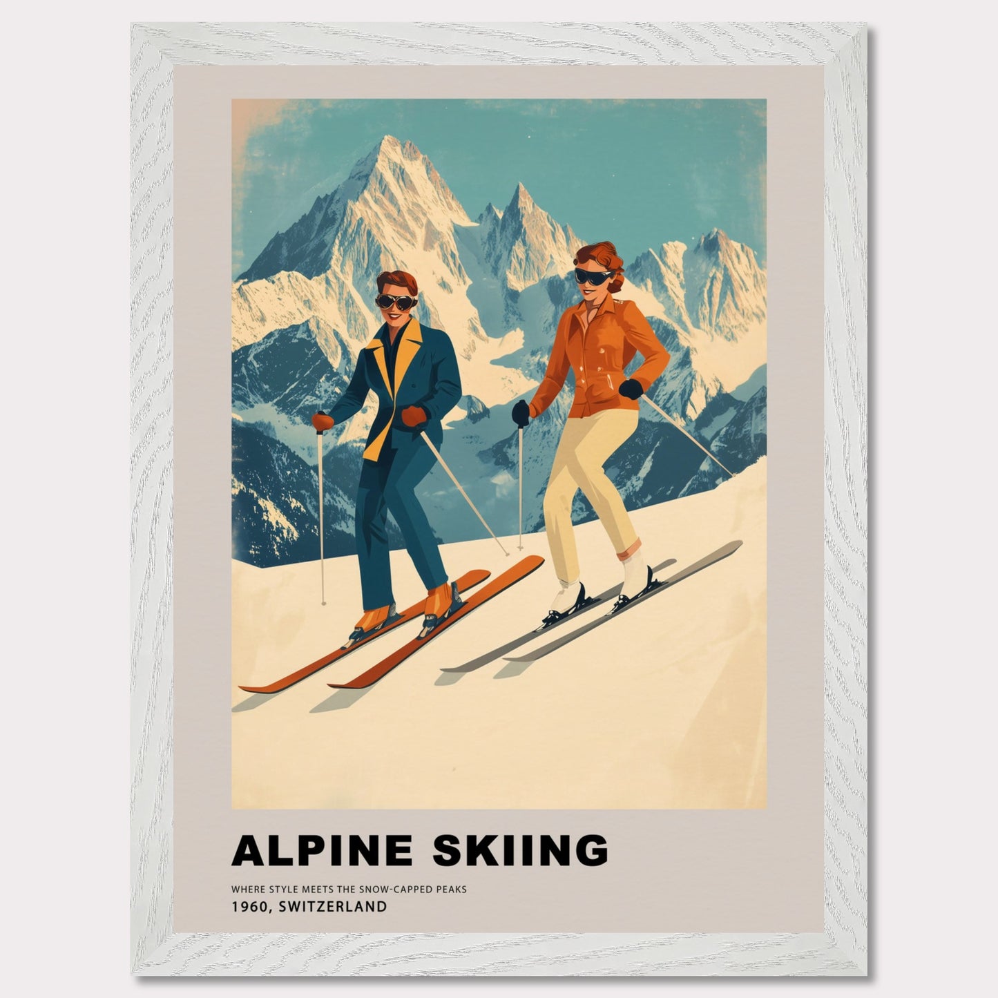 This stunning retro-style poster celebrates the elegance of alpine skiing in Switzerland. Two stylish skiers gracefully glide down the snowy slopes, set against the backdrop of majestic, sunlit peaks. The vintage color palette and mid-century design highlight the timeless charm and sophistication of the alpine experience, making it a celebration of both sport and scenery.