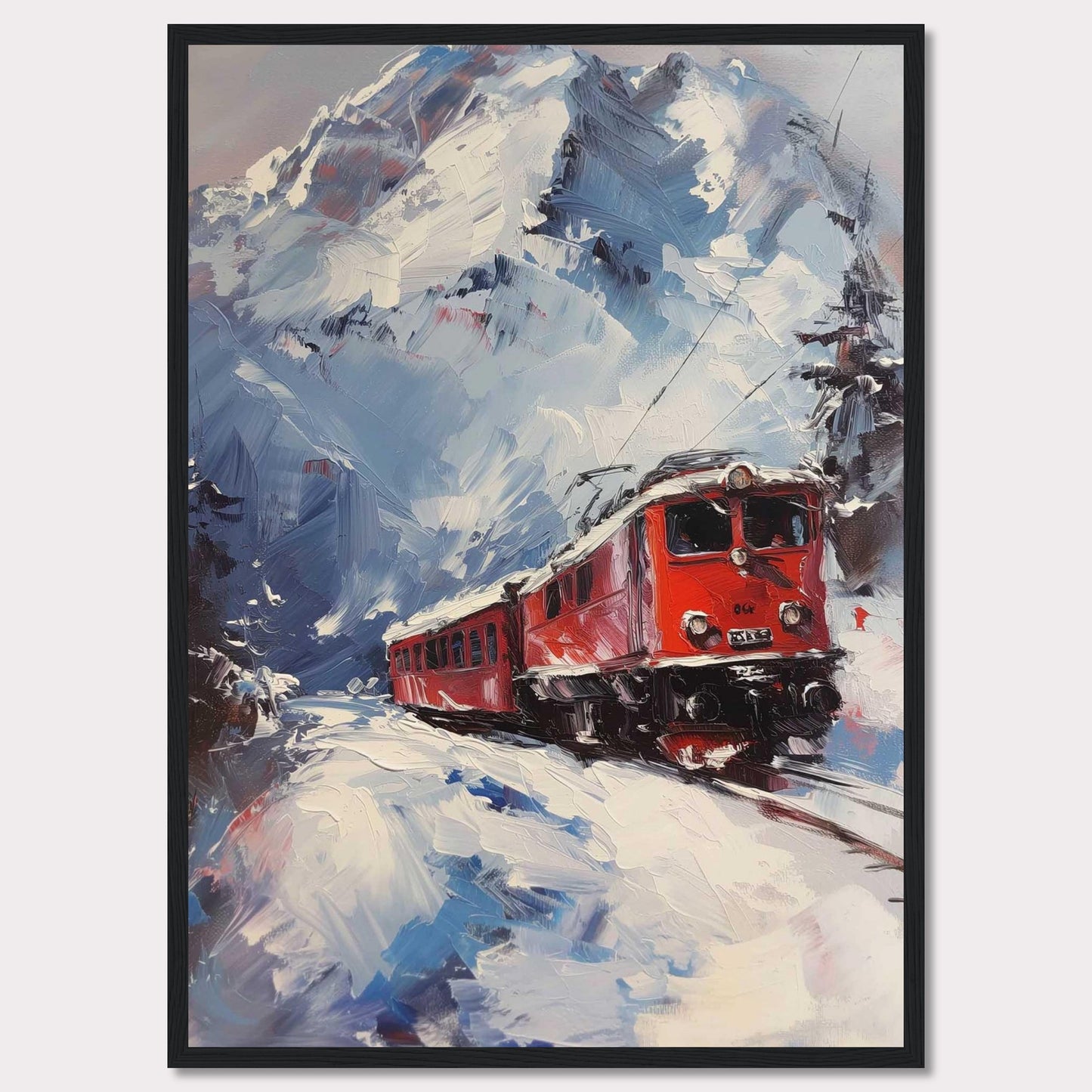 This stunning painting captures a vibrant red train journeying through a snowy mountain landscape. The dynamic brushstrokes convey the movement and energy of the scene, while the towering snow-covered peaks create a breathtaking backdrop.