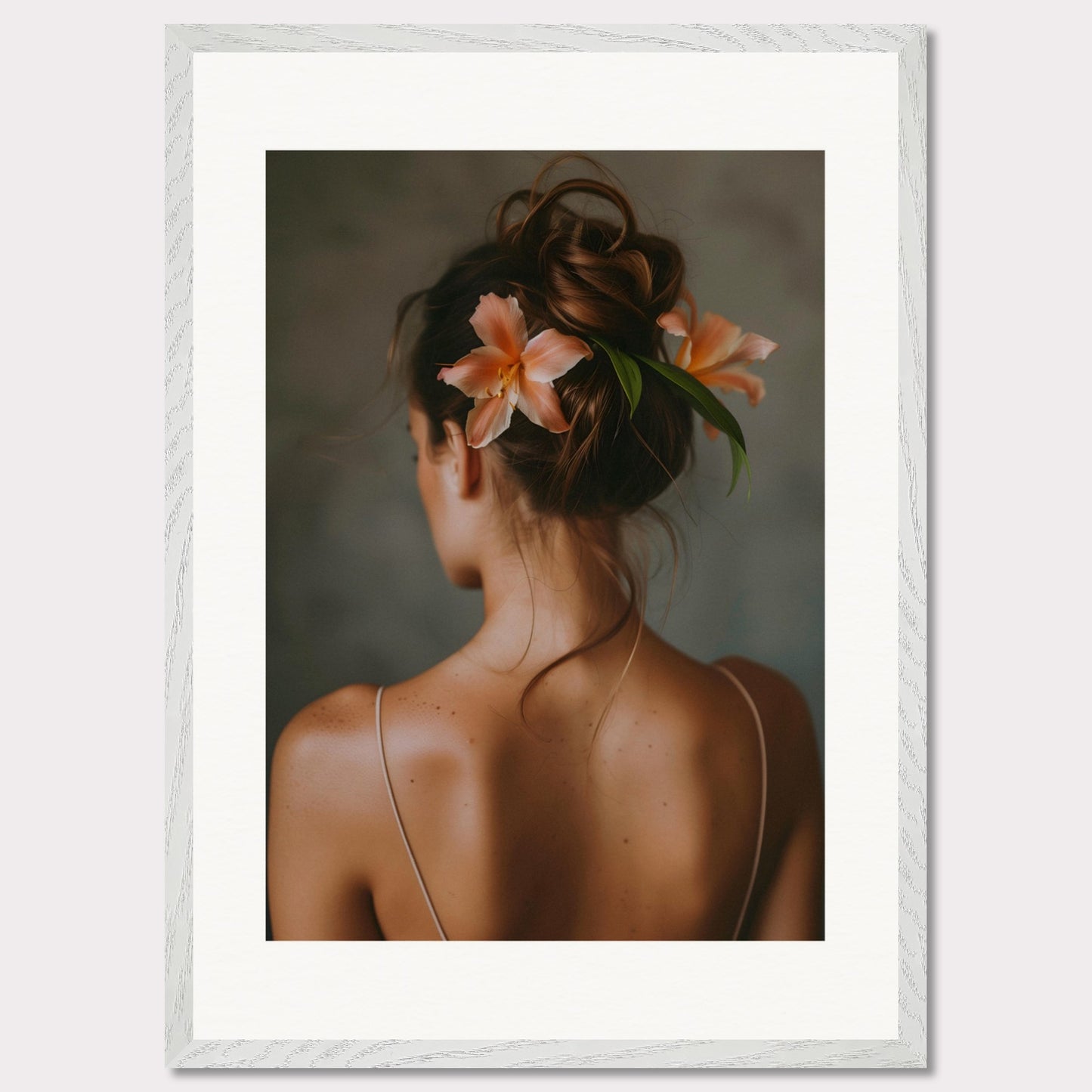 This illustration depicts a woman viewed from behind, with her hair styled in an elegant updo adorned with two peach-colored flowers and green leaves.

This poster would fit well in a bedroom, living room, or any space that benefits from a touch of elegance and natural beauty.