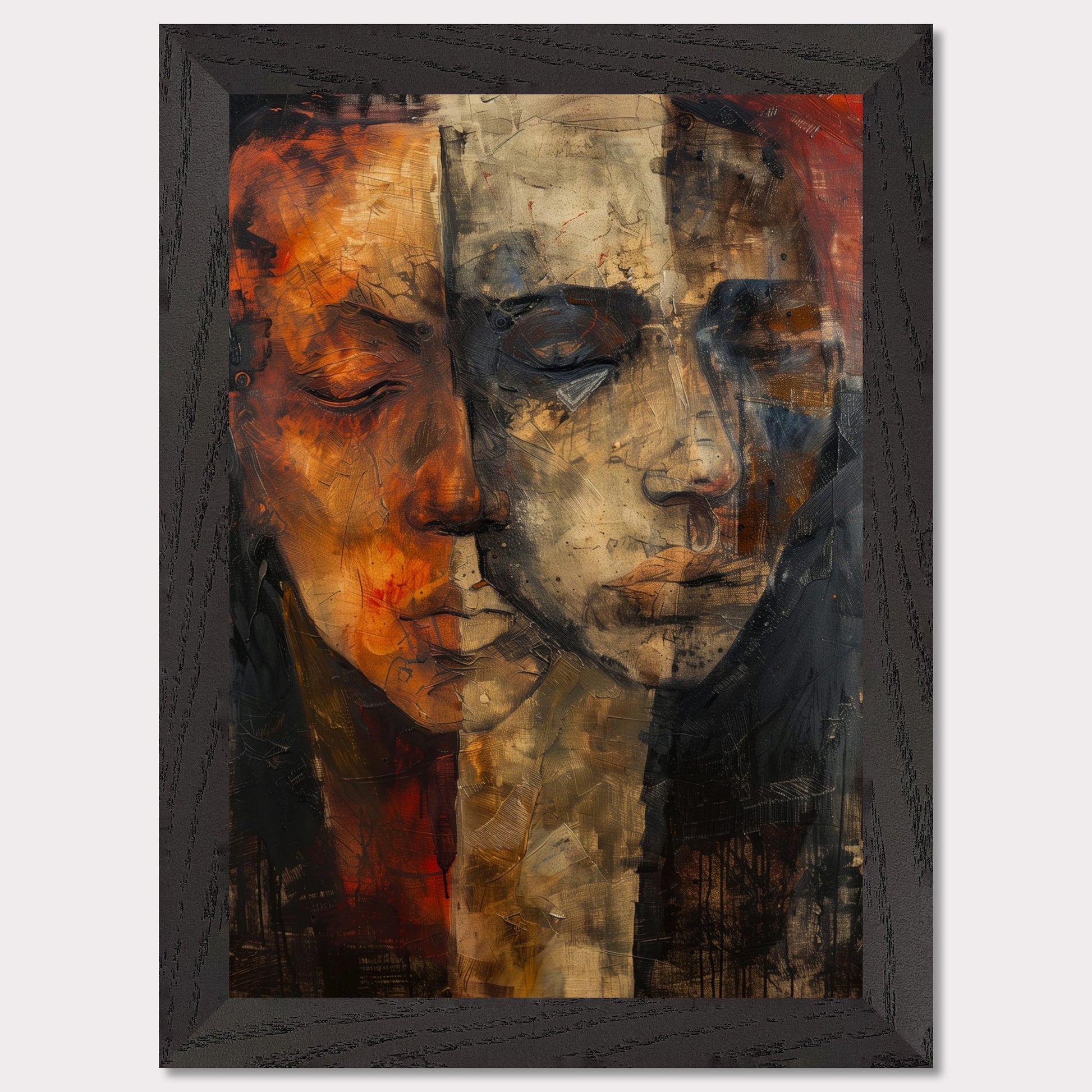 This captivating artwork features two abstract faces, blending seamlessly into one another. The painting is rich in texture and color, with a striking contrast between warm and cool tones. The faces appear to be in deep contemplation, evoking a sense of introspection and connection.