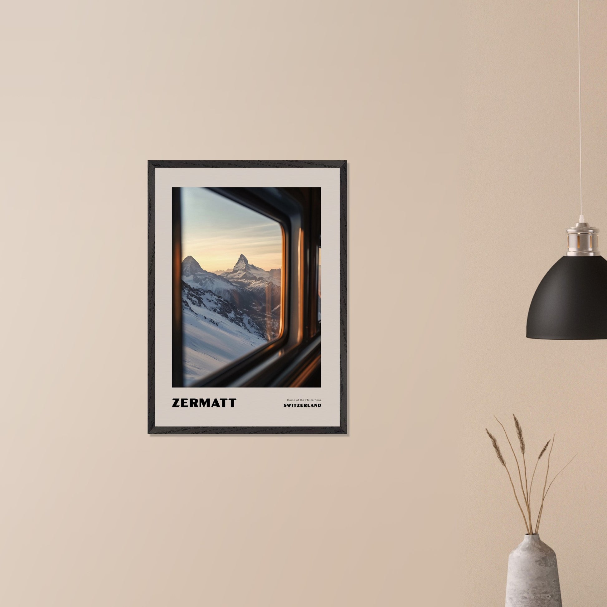 This poster features one of Switzerland’s most iconic symbols – the Matterhorn, proudly rising above the snowy slopes. The view from a train or gondola window creates a travel-like experience, while the soft sunset light adds an enchanting glow to the scenery.