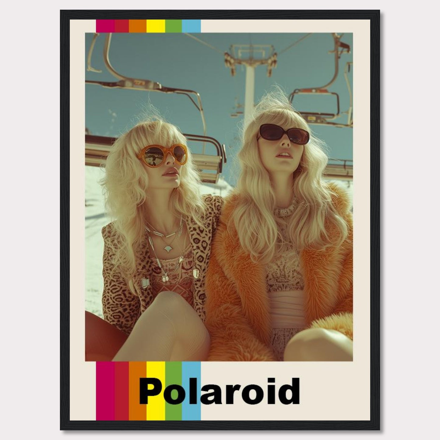 This vibrant Polaroid poster captures two stylish women wearing retro outfits and sunglasses, enjoying a sunny day on a ski lift.