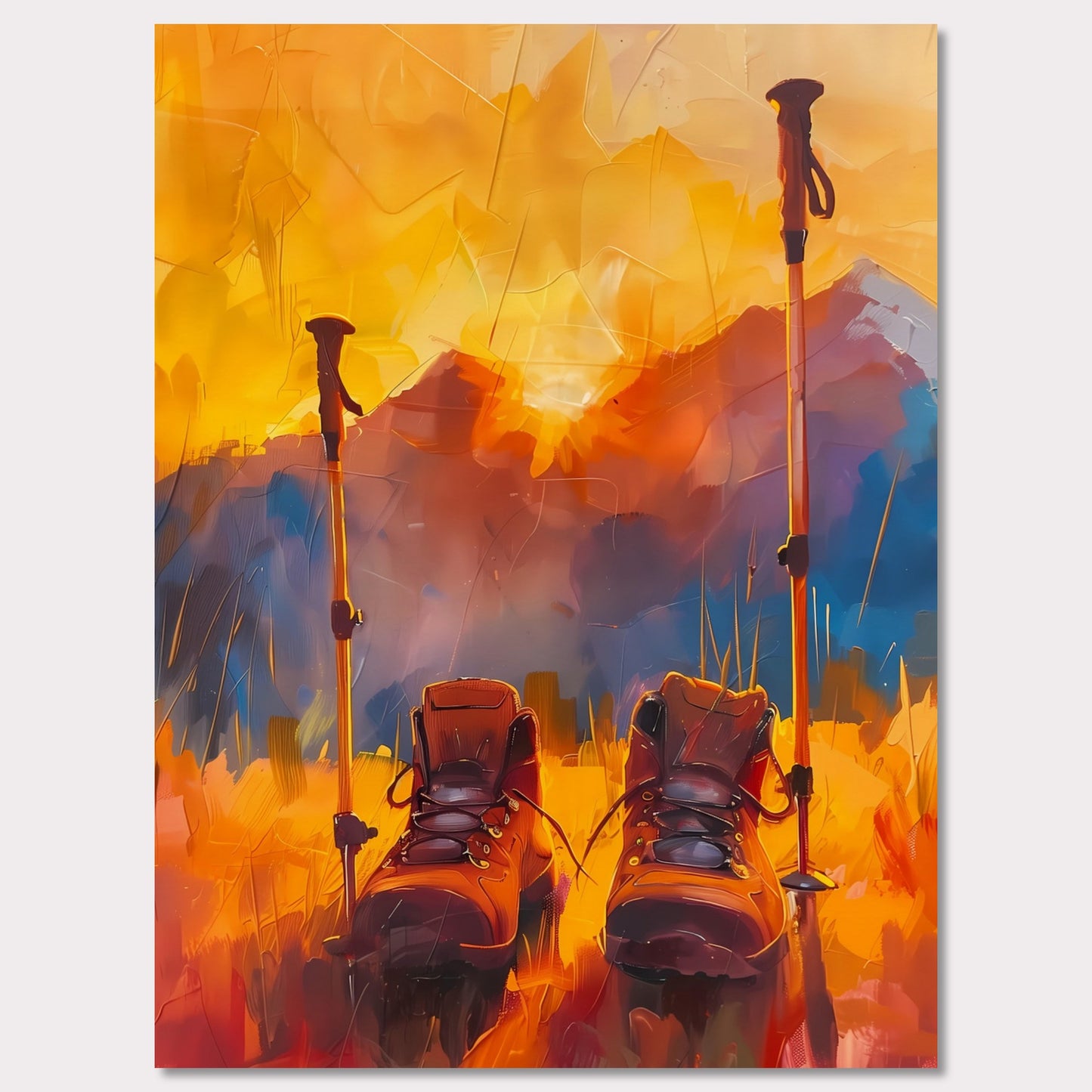 This illustration depicts a pair of hiking boots and trekking poles set against a vibrant, abstract background of mountains and a sunset.