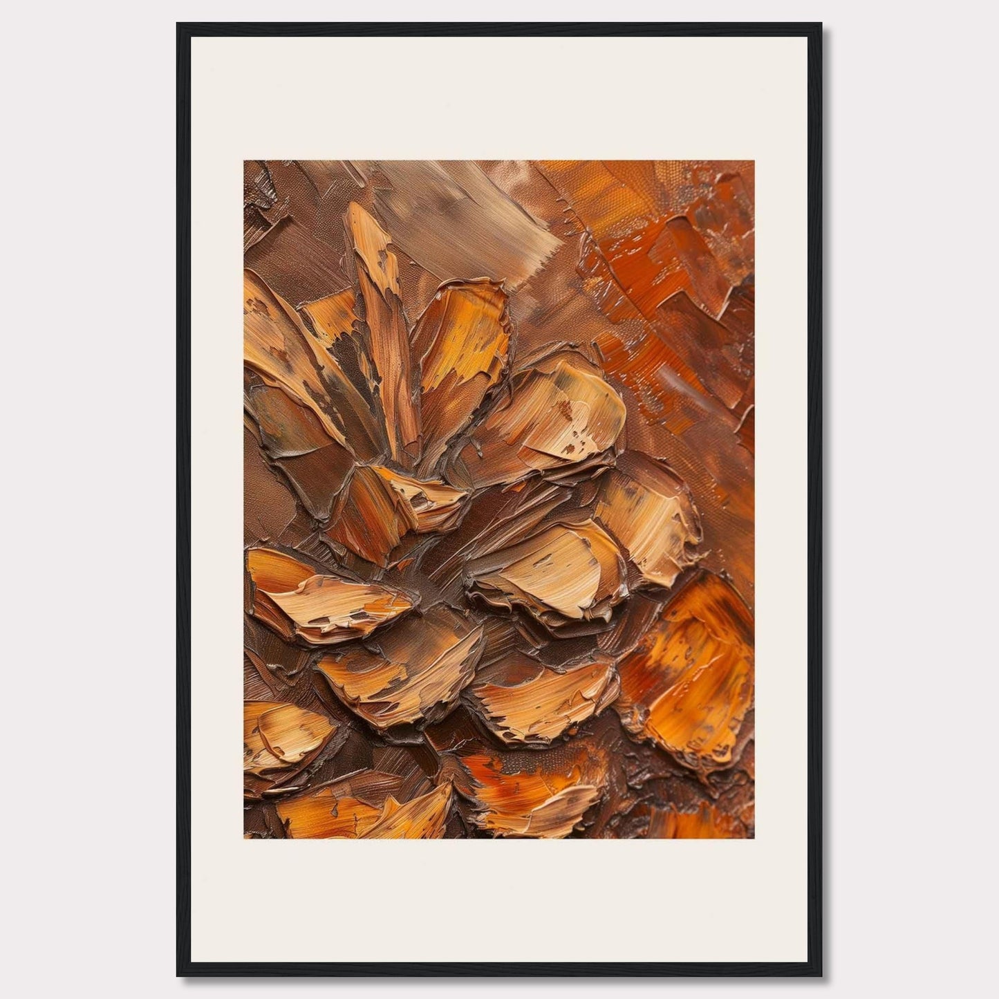 This image showcases a textured painting of a pine cone, rendered in rich, earthy tones. The thick, impasto technique gives the artwork a three-dimensional feel, making the pine cone appear almost lifelike. The painting is framed in a sleek black frame with a white matting that enhances its visual appeal.