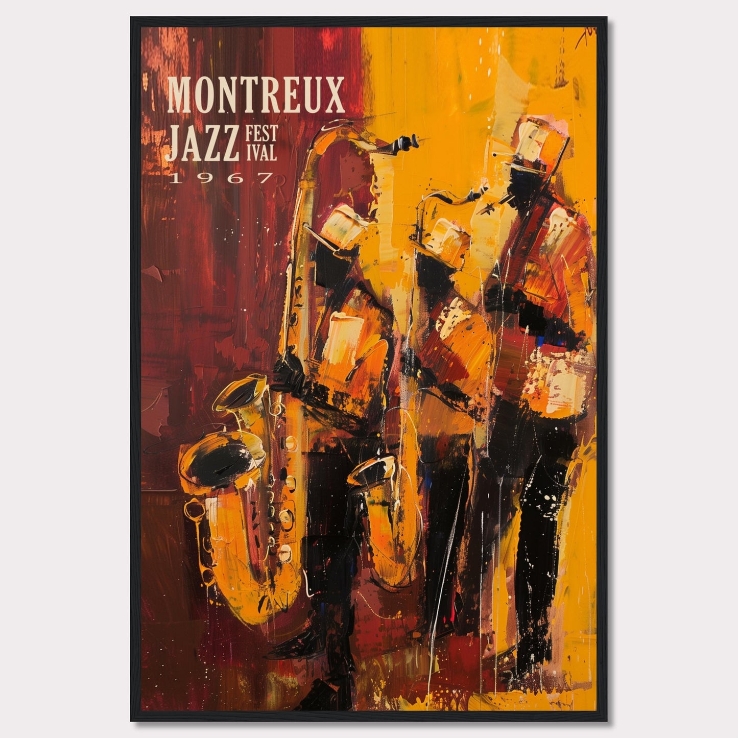 This vibrant art poster showcases the Montreux Jazz Festival from 1967. The artwork features an abstract depiction of three jazz musicians passionately playing their instruments, with rich hues of red, yellow, and orange capturing the dynamic energy of the performance.