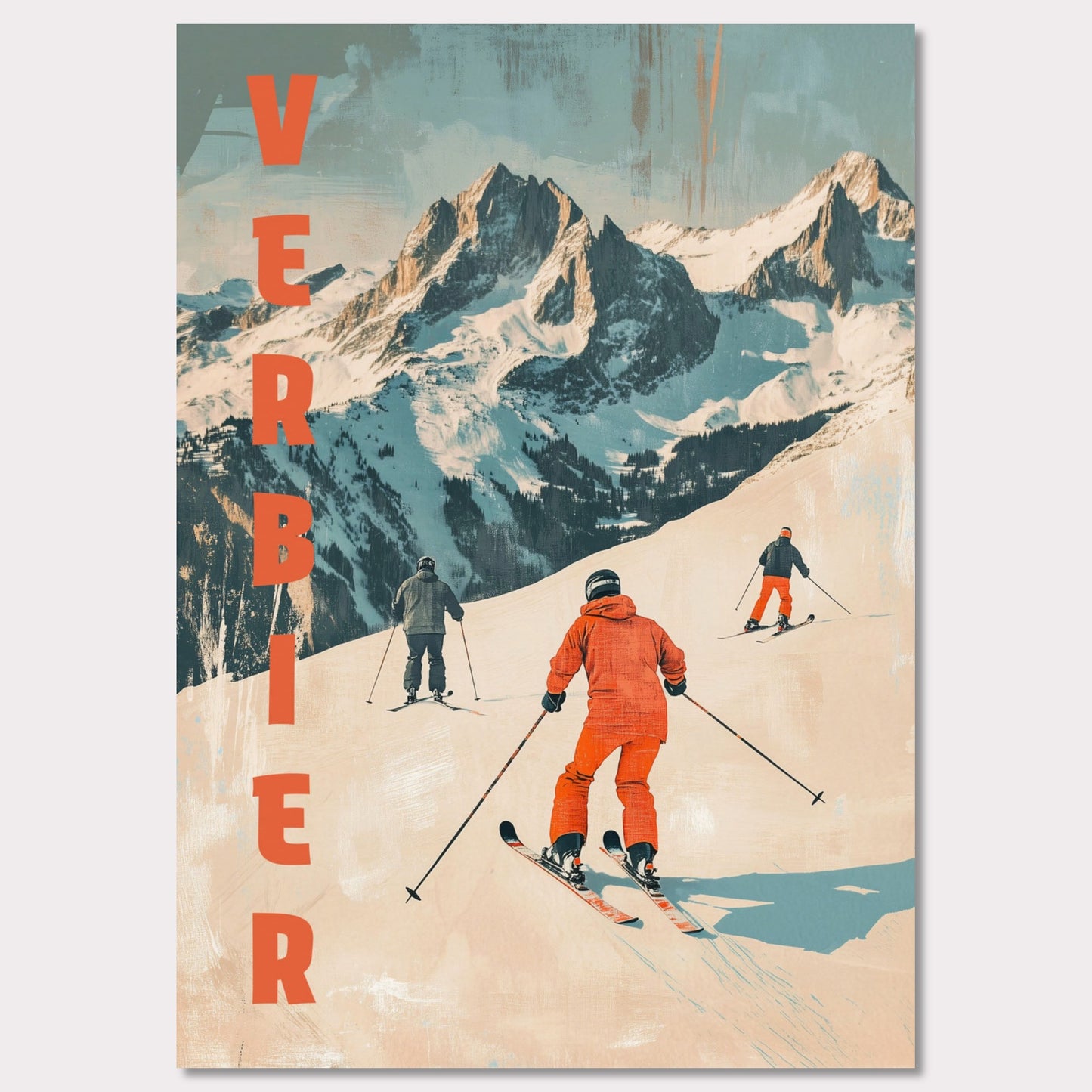 This retro-inspired poster vividly captures the exhilarating spirit of skiing in Verbier. A group of skiers clad in bold orange descends a pristine alpine slope, set against the majestic backdrop of rugged, snow-covered peaks. The textured vintage art style and muted color palette evoke nostalgia while celebrating the dynamic energy of winter sports.