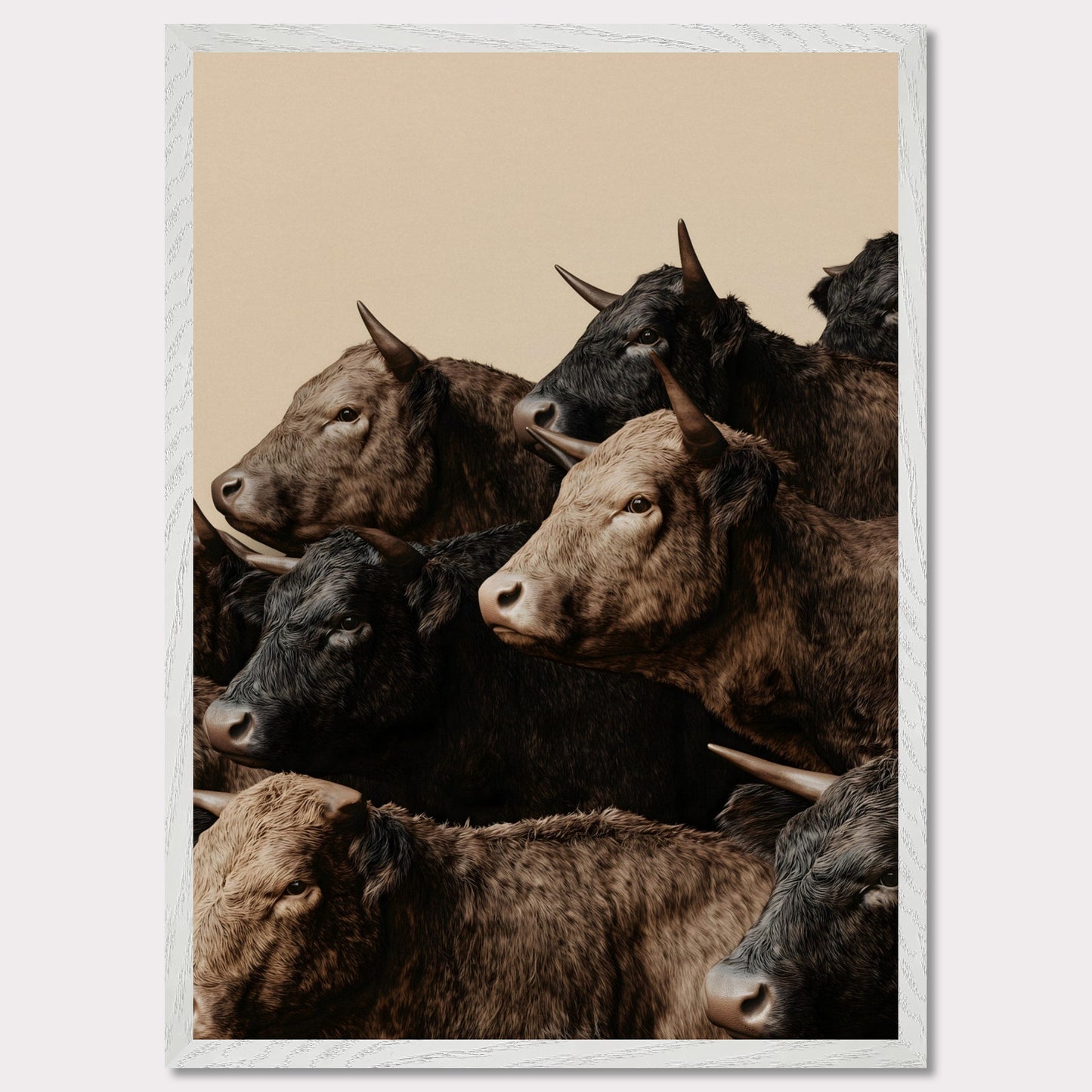 This illustration depicts a group of oxen with varying shades of brown and black fur, closely packed together against a plain beige background.

This poster will fit well in rustic or farmhouse-style interiors, animal-themed spaces, or art collections focusing on wildlife.