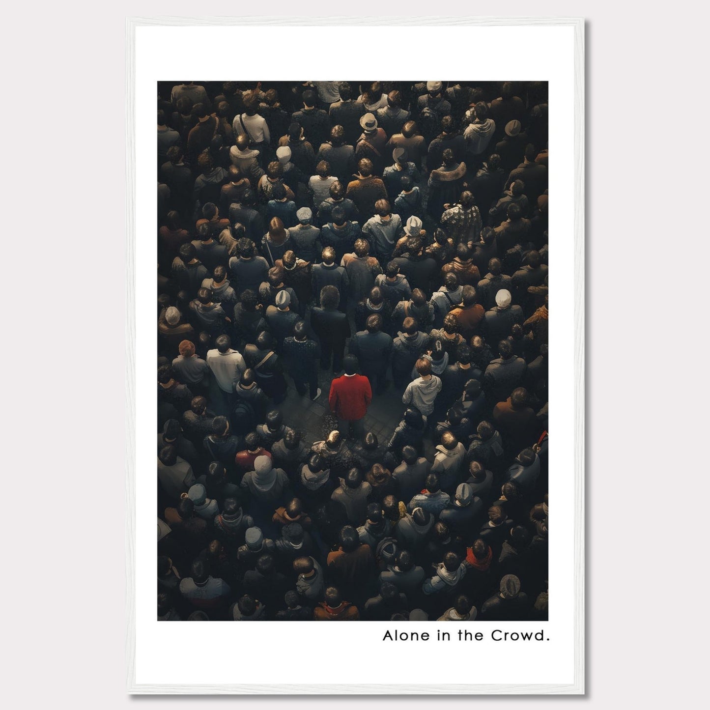 This image depicts a lone individual in a red coat standing amidst a dense crowd of people, all dressed in darker colors. The contrast highlights the feeling of isolation despite being surrounded by others.