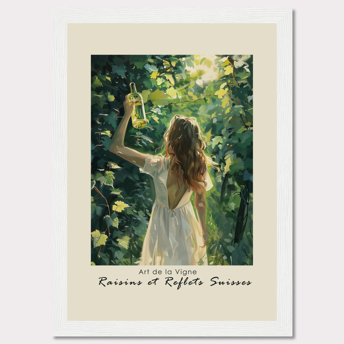 This captivating artwork titled "Art de la Vigne" showcases a woman in a white dress holding up a bottle of wine amidst lush green vines, with sunlight filtering through the leaves. The scene exudes a sense of tranquility and connection with nature.