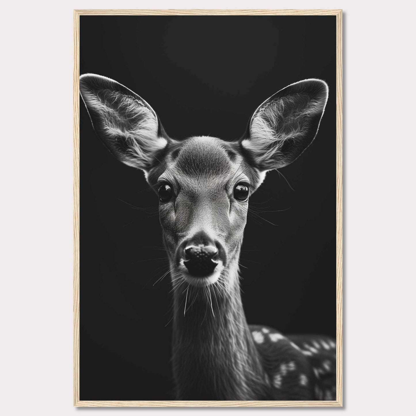 This captivating black and white photograph features a close-up of a young deer, highlighting its delicate features and expressive eyes. The dark background accentuates the deer's soft fur and intricate details, creating a striking contrast that draws the viewer in.