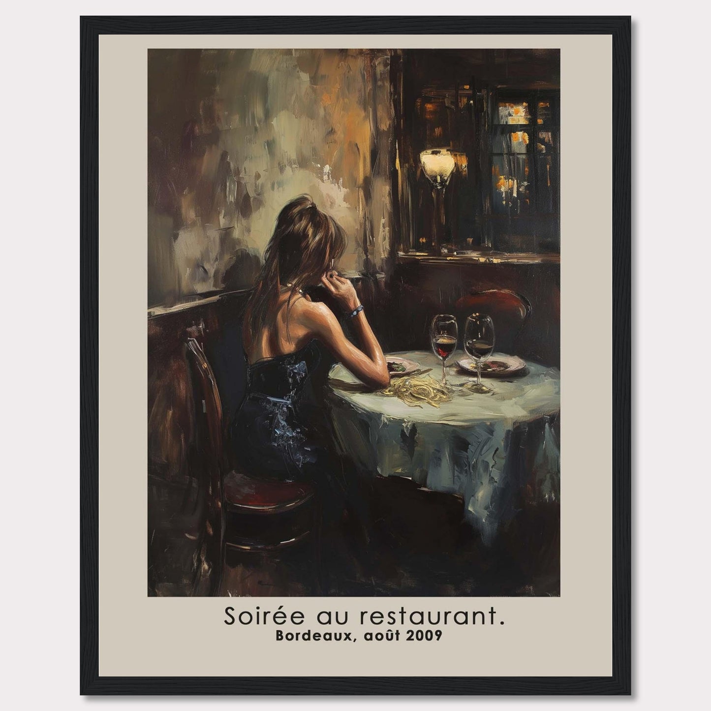 This evocative artwork captures a solitary moment in a restaurant, depicting a woman in an elegant black dress seated at a table adorned with wine glasses and a half-eaten meal. The dim, warm lighting and the reflective mood of the scene create a sense of introspection and nostalgia.