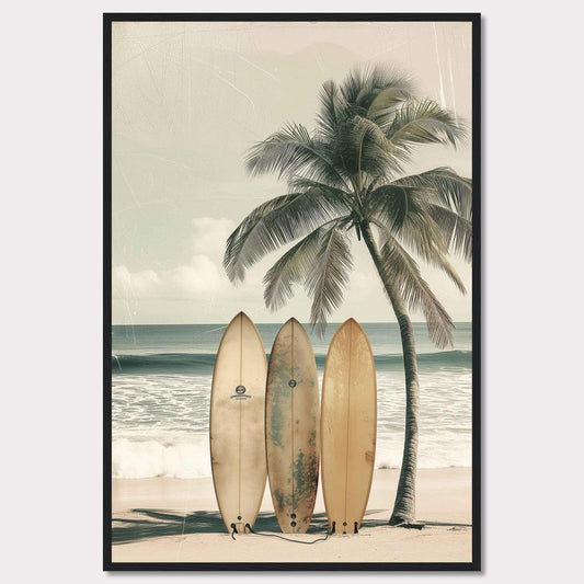 This captivating image features a serene beach scene with three surfboards leaning against a tall, swaying palm tree. The tranquil ocean waves and a clear sky in the background evoke a sense of calm and adventure.