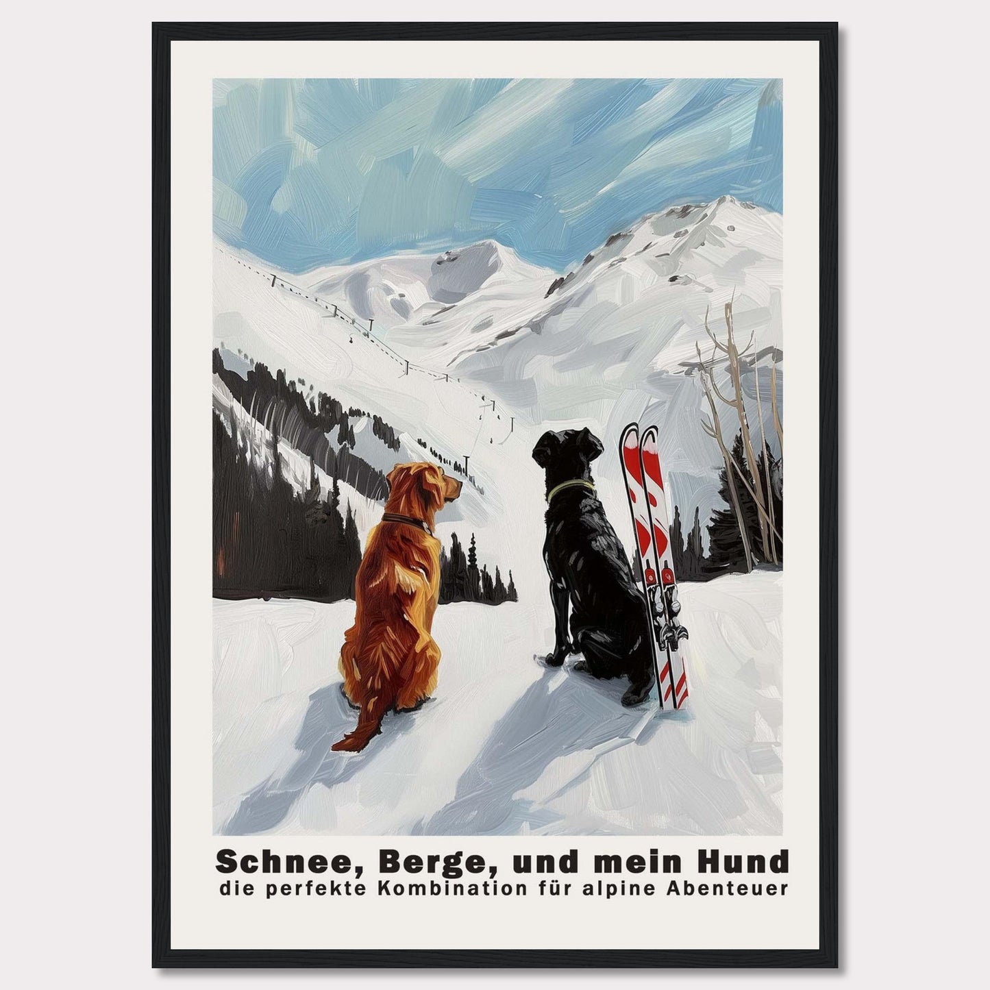 This image depicts two dogs sitting in the snow, gazing at a snowy mountain landscape. Next to them is a pair of skis, suggesting an alpine adventure. The sky is clear with a few clouds, adding to the serene and adventurous atmosphere.