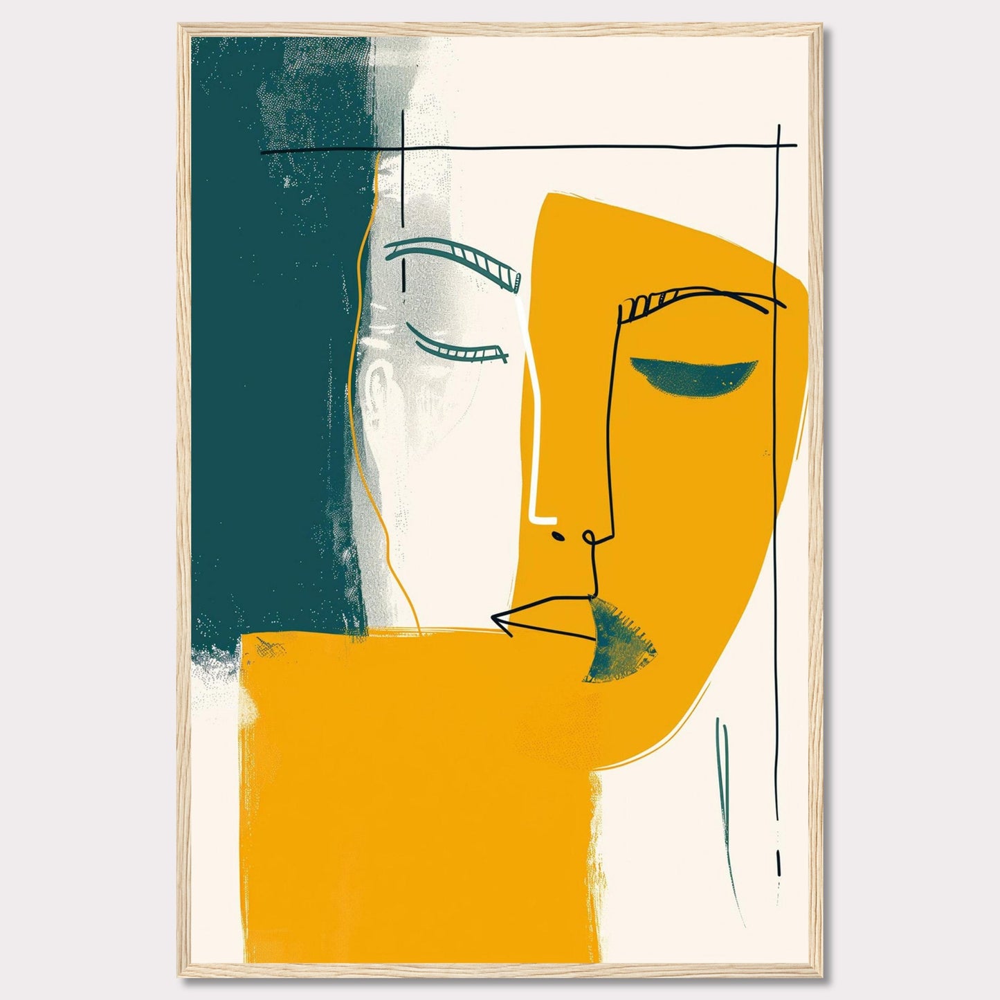 This captivating abstract art piece features a minimalist line drawing of a face, blending bold colors and simple shapes to create a striking visual impact. The artwork combines teal, mustard yellow, and white, with a black frame adding a touch of sophistication.