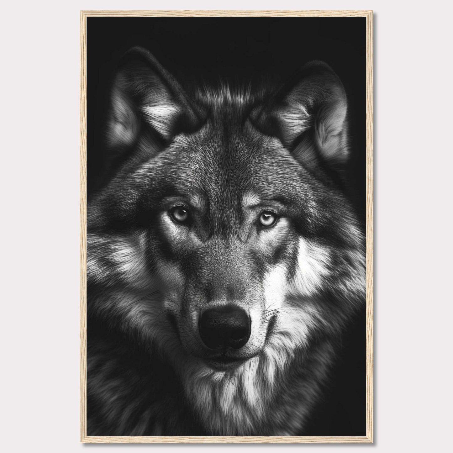 Immerse yourself in the captivating gaze of a majestic wolf with this stunning black and white portrait. The detailed fur, intense eyes, and powerful presence make this artwork a striking addition to any space.