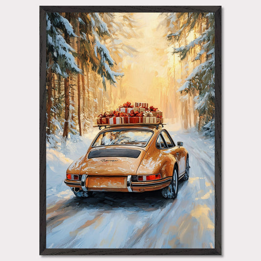 This festive poster showcases a yellow Porsche navigating a snow-covered path with holiday presents stacked on its roof. The warm glow from the trees lining the road creates a magical winter scene, while the "Merry Christmas" typography evokes the warmth and joy of the holiday season. The combination of sleek design and a peaceful winter landscape makes this a perfect holiday greeting.