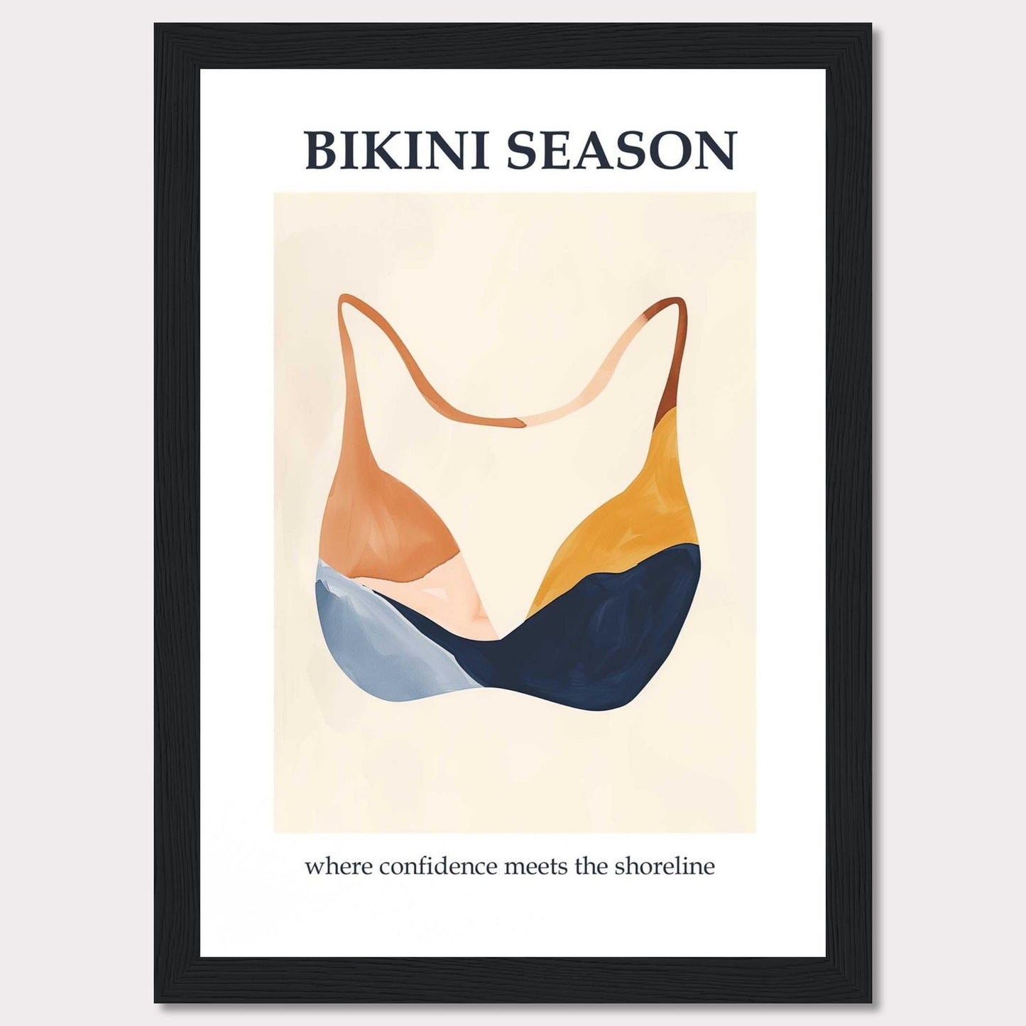 This image showcases a minimalist poster with an artistic depiction of a bikini top. The text "BIKINI SEASON" is prominently displayed at the top, while the phrase "where confidence meets the shoreline" is written at the bottom.