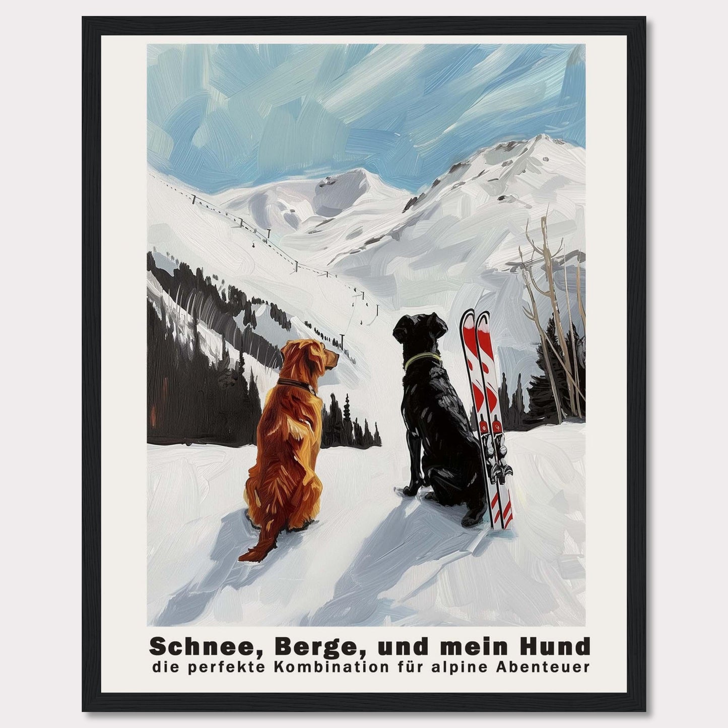 This image depicts two dogs sitting in the snow, gazing at a snowy mountain landscape. Next to them is a pair of skis, suggesting an alpine adventure. The sky is clear with a few clouds, adding to the serene and adventurous atmosphere.