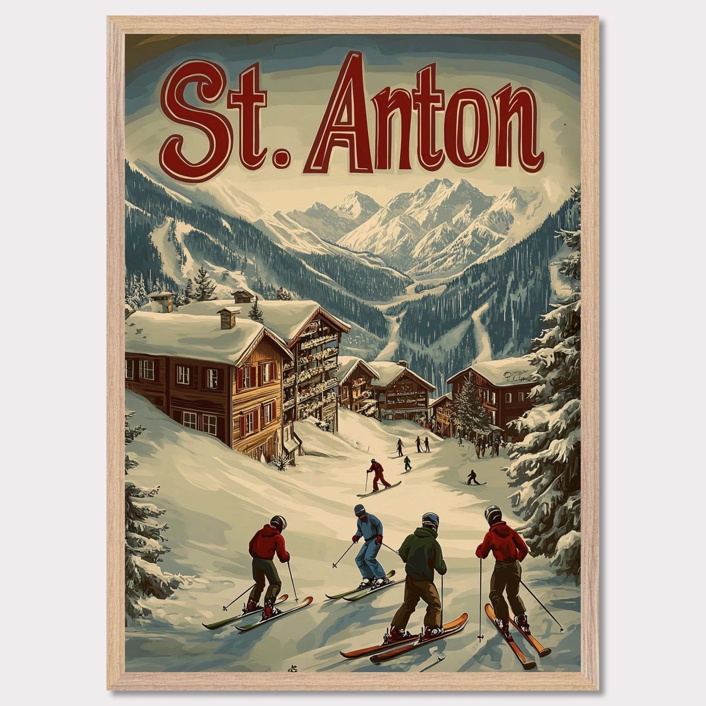 This stunning vintage-inspired poster depicts the idyllic town of St. Anton nestled beneath towering snow-capped peaks. The ski slopes are alive with activity, with skiers descending toward the charming wooden chalets. The warm hues in the sky add a sense of tranquility to the winter landscape, while the retro typography and art style transport the viewer to a time when winter holidays in the Alps were the height of elegance and adventure.