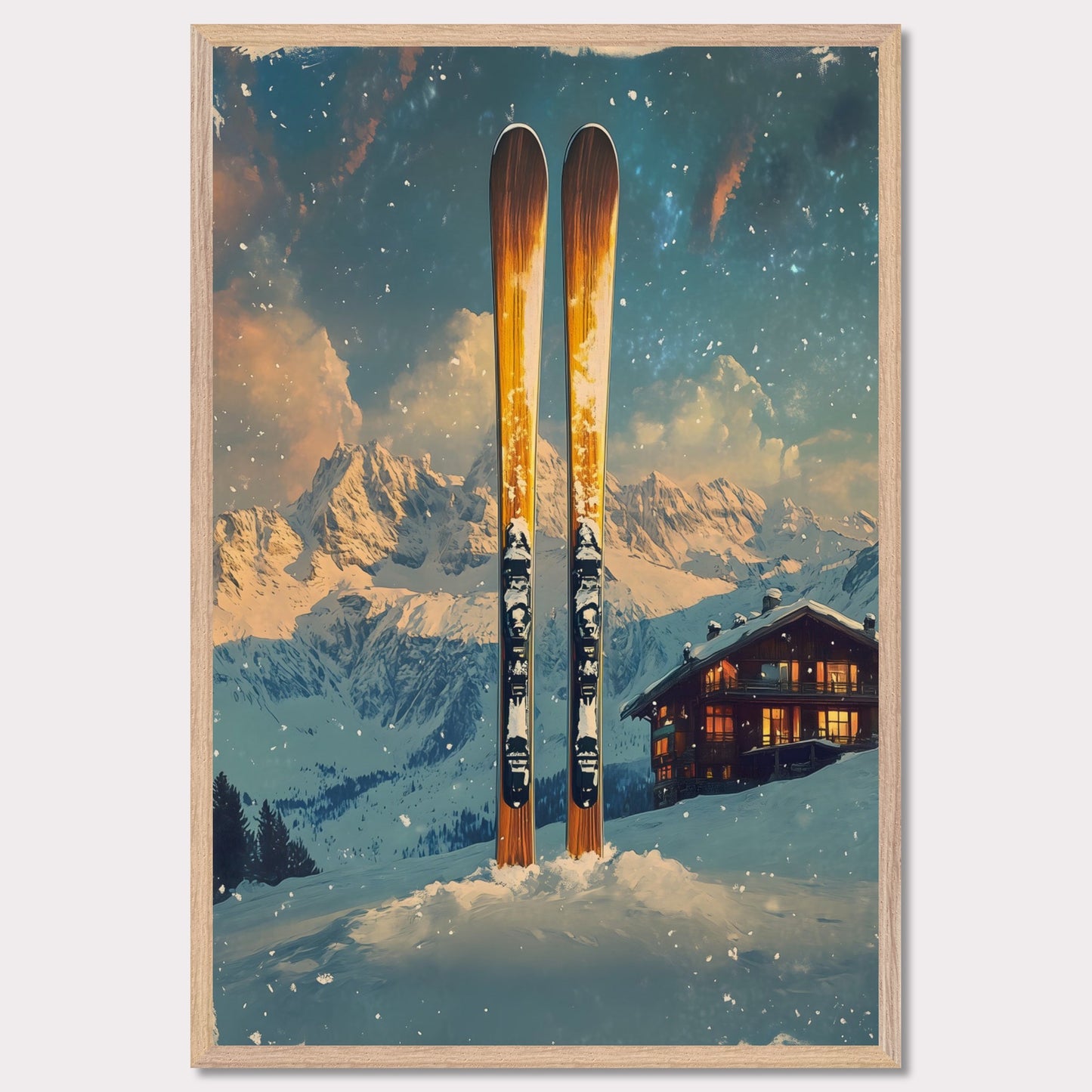 This enchanting poster portrays a serene winter scene with a skier gracefully gliding through untouched snow. The tranquil beauty of the snowy landscape, combined with the soft hues of a setting sun, creates an atmosphere of peace and connection with nature. The minimalistic style emphasizes simplicity and elegance.