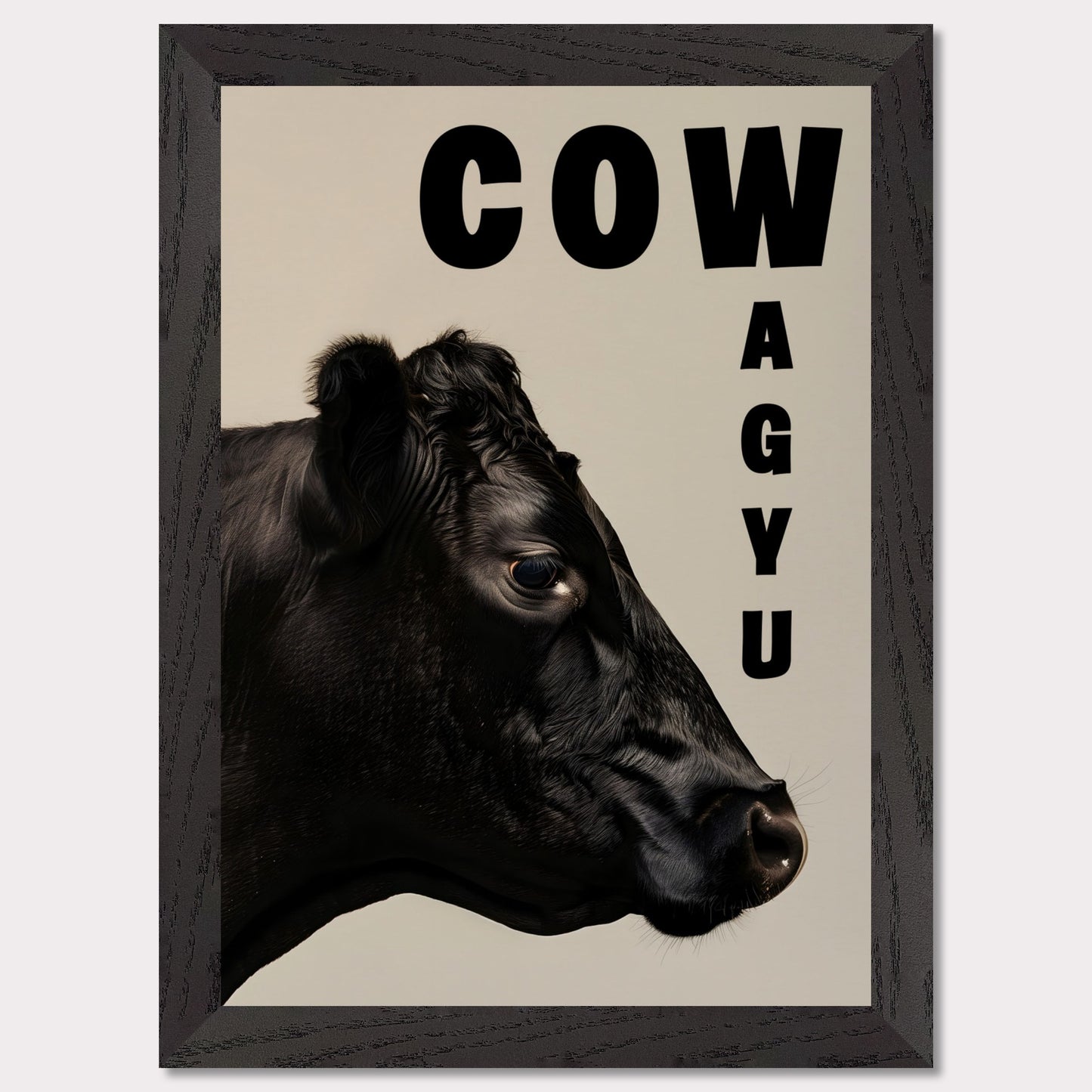 This image features a close-up profile of a black cow against a neutral background. The word "COW" is prominently displayed in bold black letters at the top, while the word "WAGYU" is arranged vertically on the right side.