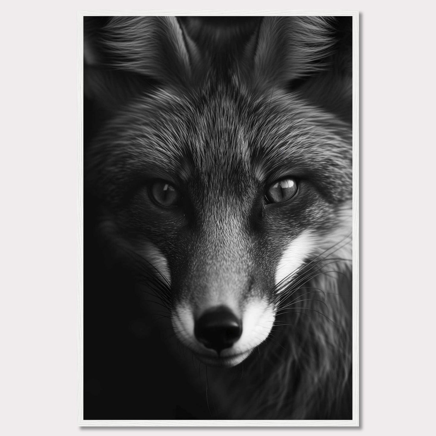 This striking black and white portrait captures the intense gaze of a fox, showcasing its majestic and enigmatic beauty. The detailed fur texture and sharp eyes draw you into the wild essence of this captivating creature.